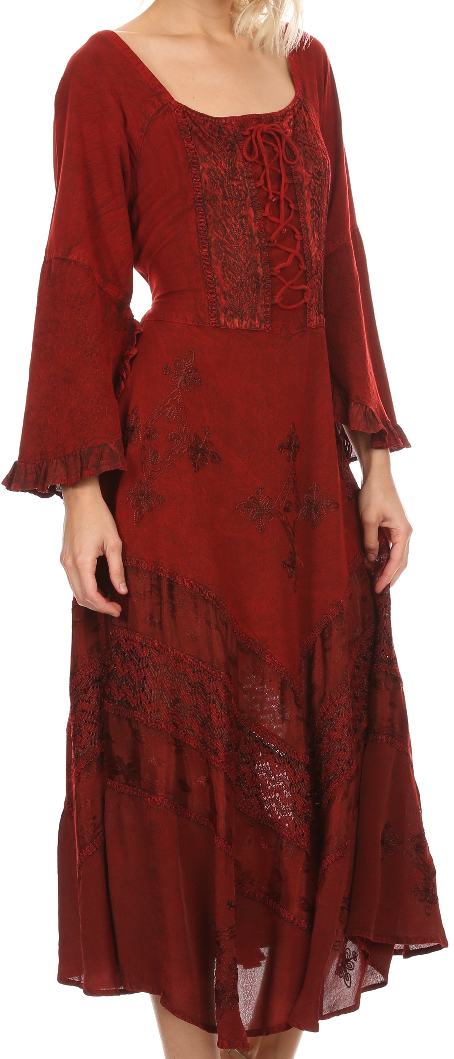 Sakkas Mirabel Stonewashed Corset Style Floral Emboridery Kimono Sleeve Dress - Concordia Style Boutique