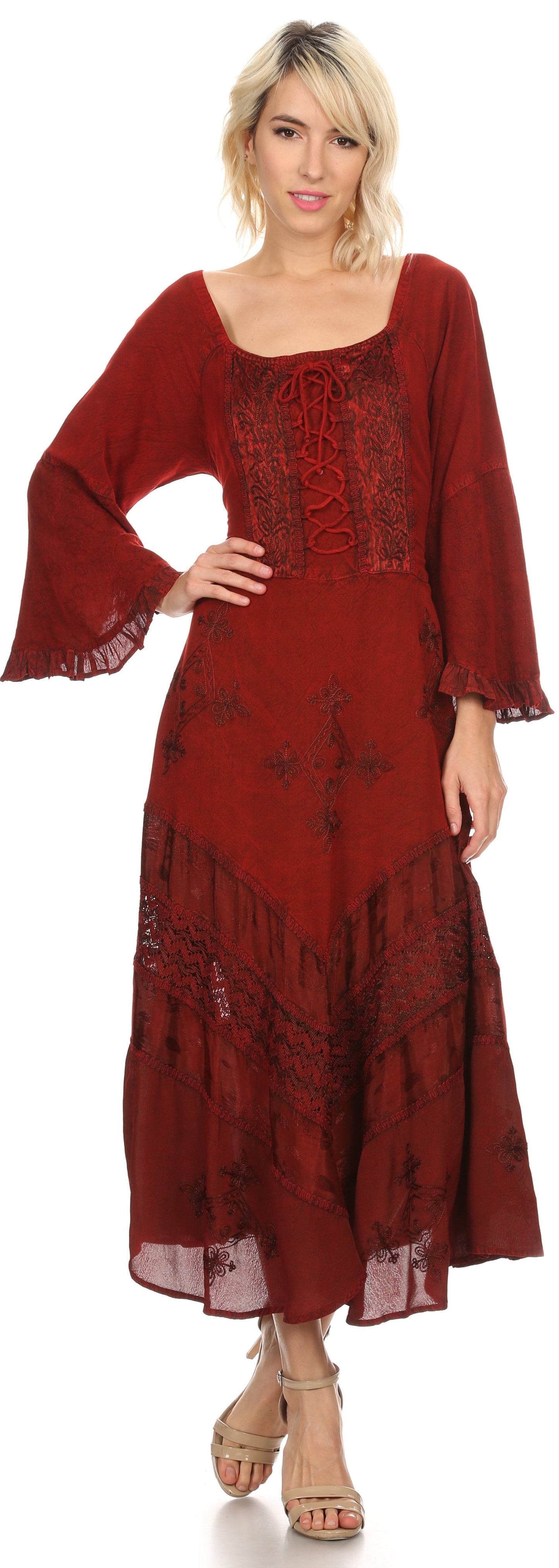 Sakkas Mirabel Stonewashed Corset Style Floral Emboridery Kimono Sleeve Dress - Concordia Style Boutique