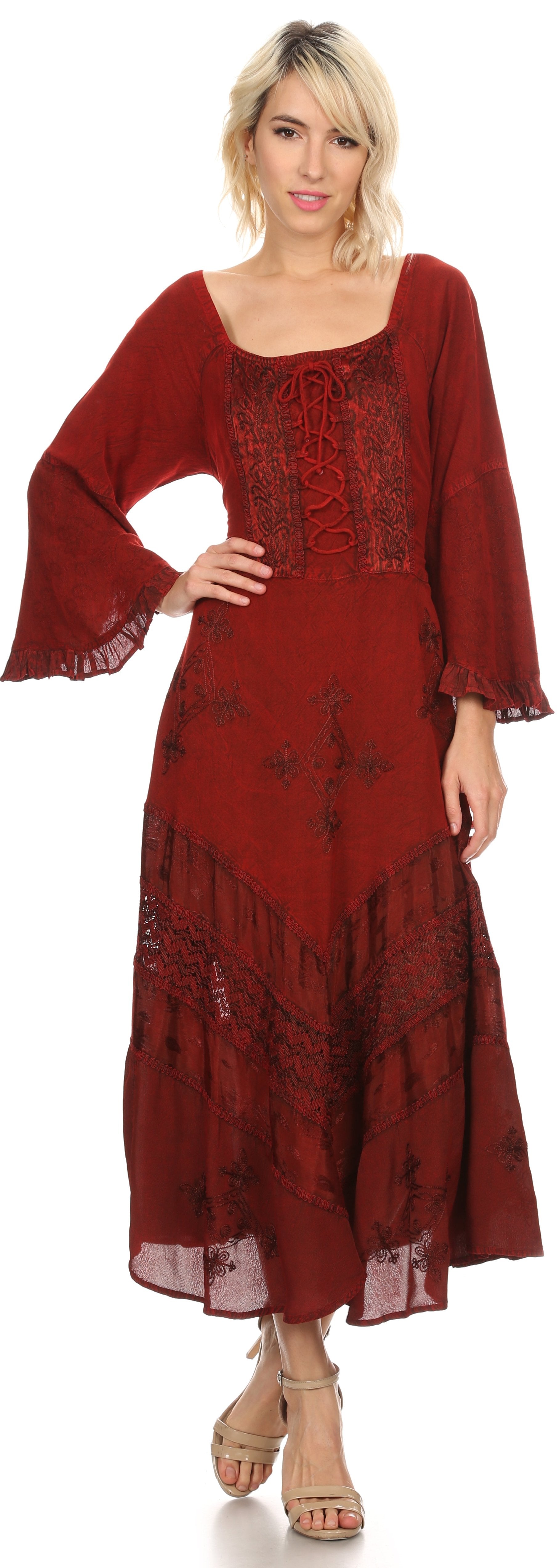 Sakkas Mirabel Stonewashed Corset Style Floral Emboridery Kimono Sleeve Dress - Concordia Style Boutique