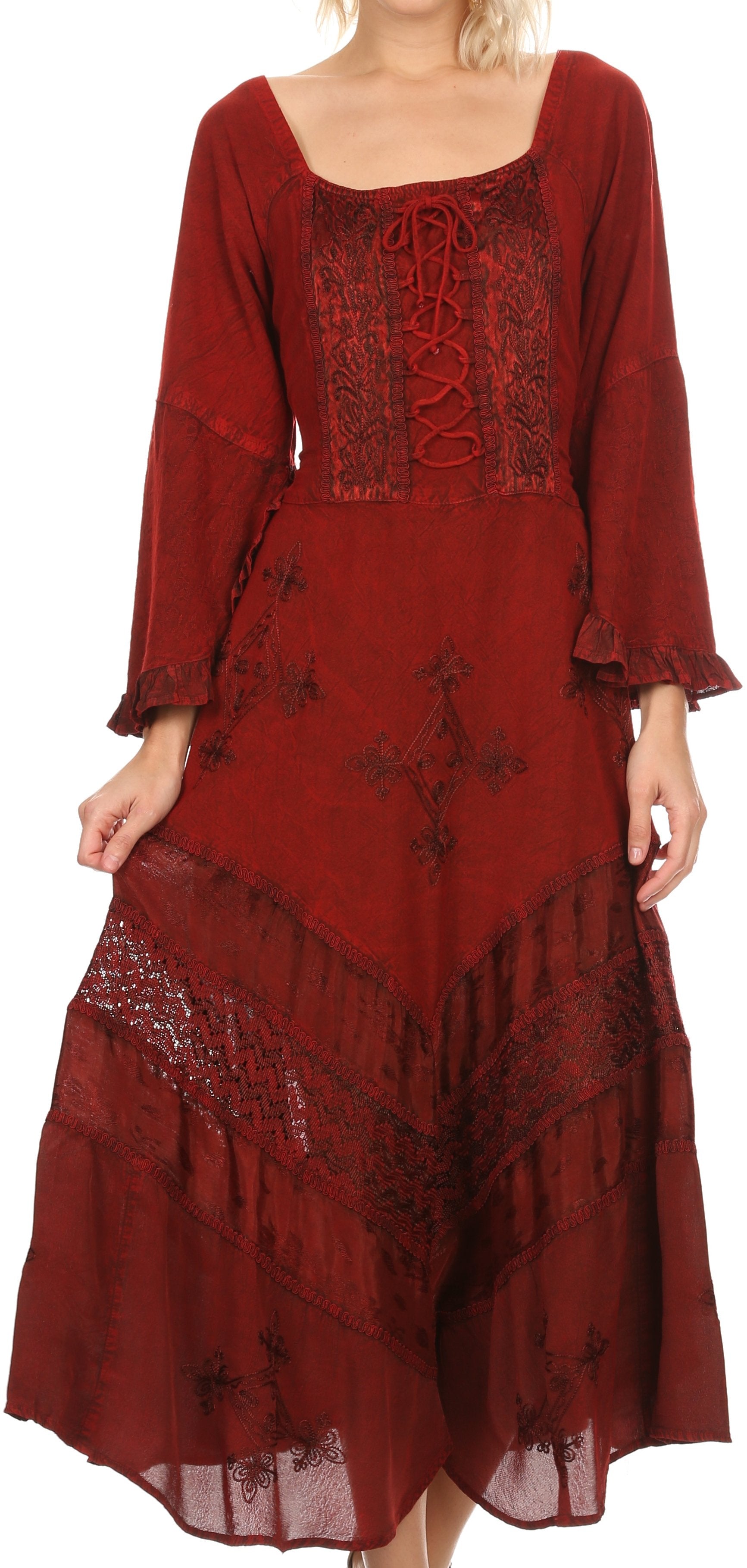 Sakkas Mirabel Stonewashed Corset Style Floral Emboridery Kimono Sleeve Dress - Concordia Style Boutique