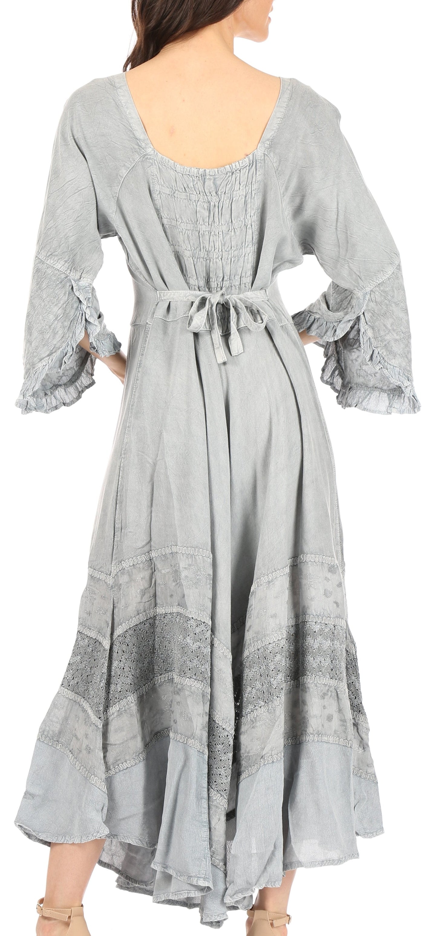Sakkas Mirabel Stonewashed Corset Style Floral Emboridery Kimono Sleeve Dress - Concordia Style Boutique