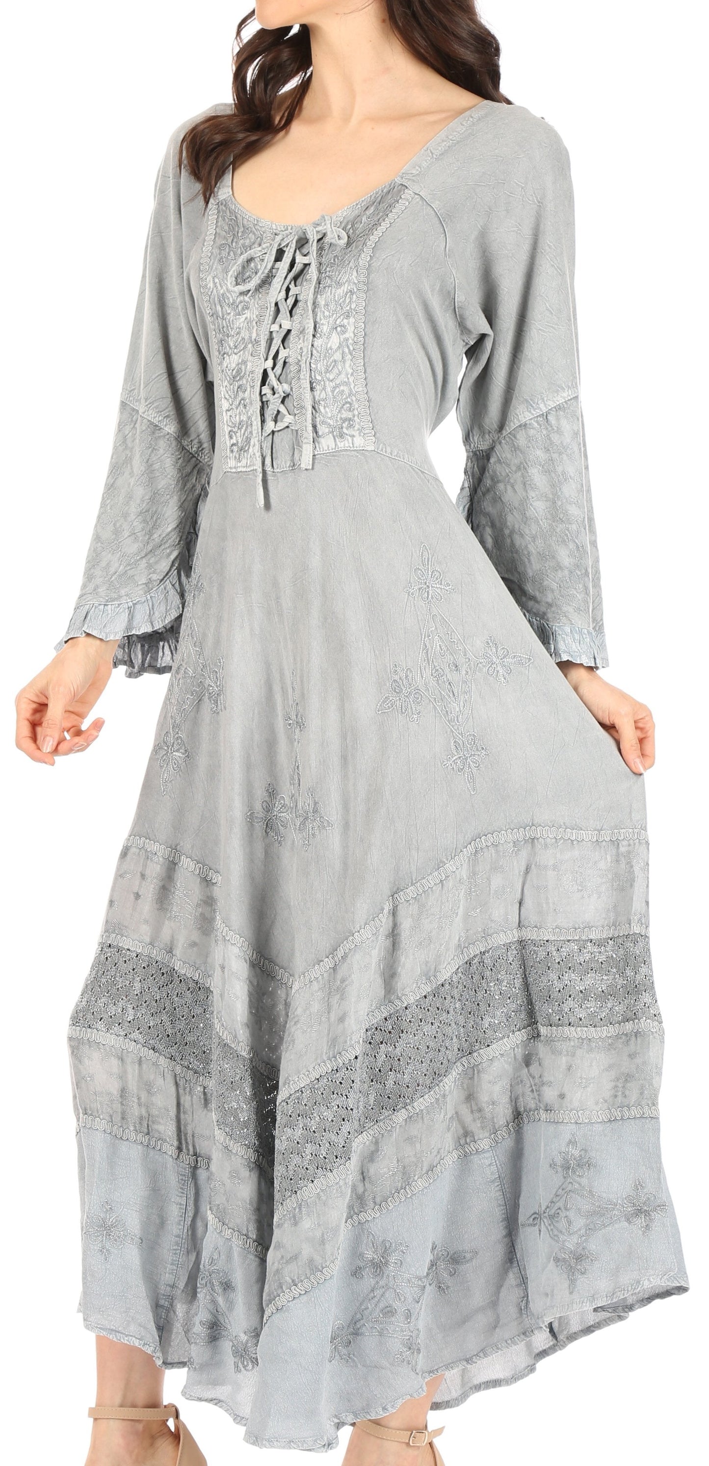 Sakkas Mirabel Stonewashed Corset Style Floral Emboridery Kimono Sleeve Dress - Concordia Style Boutique