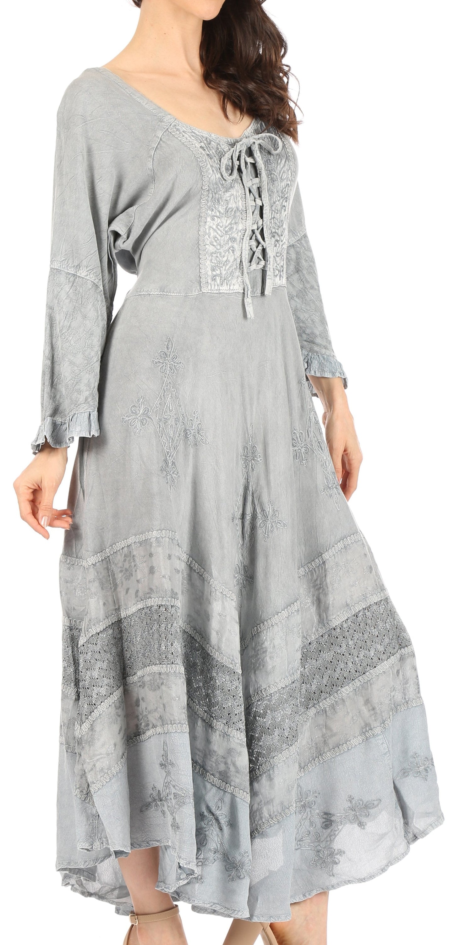 Sakkas Mirabel Stonewashed Corset Style Floral Emboridery Kimono Sleeve Dress - Concordia Style Boutique