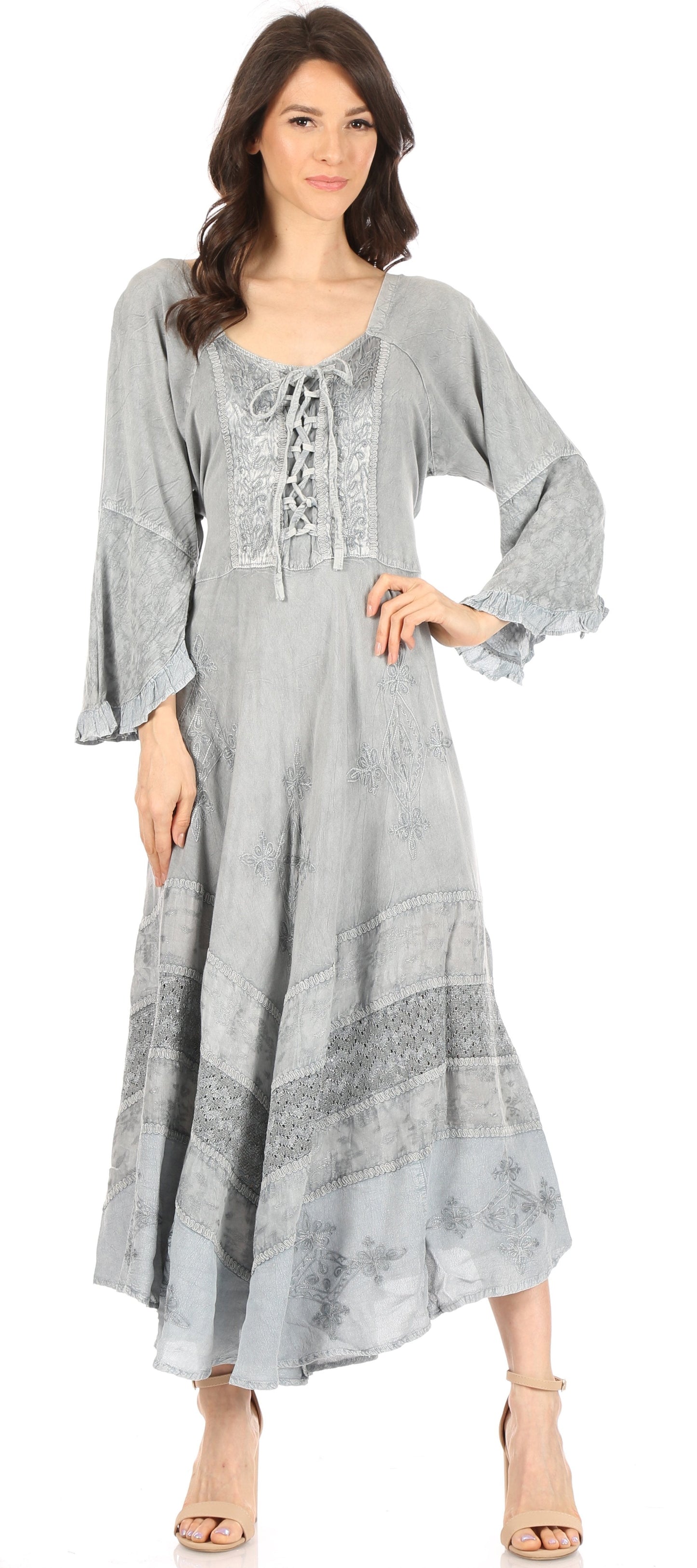Sakkas Mirabel Stonewashed Corset Style Floral Emboridery Kimono Sleeve Dress - Concordia Style Boutique