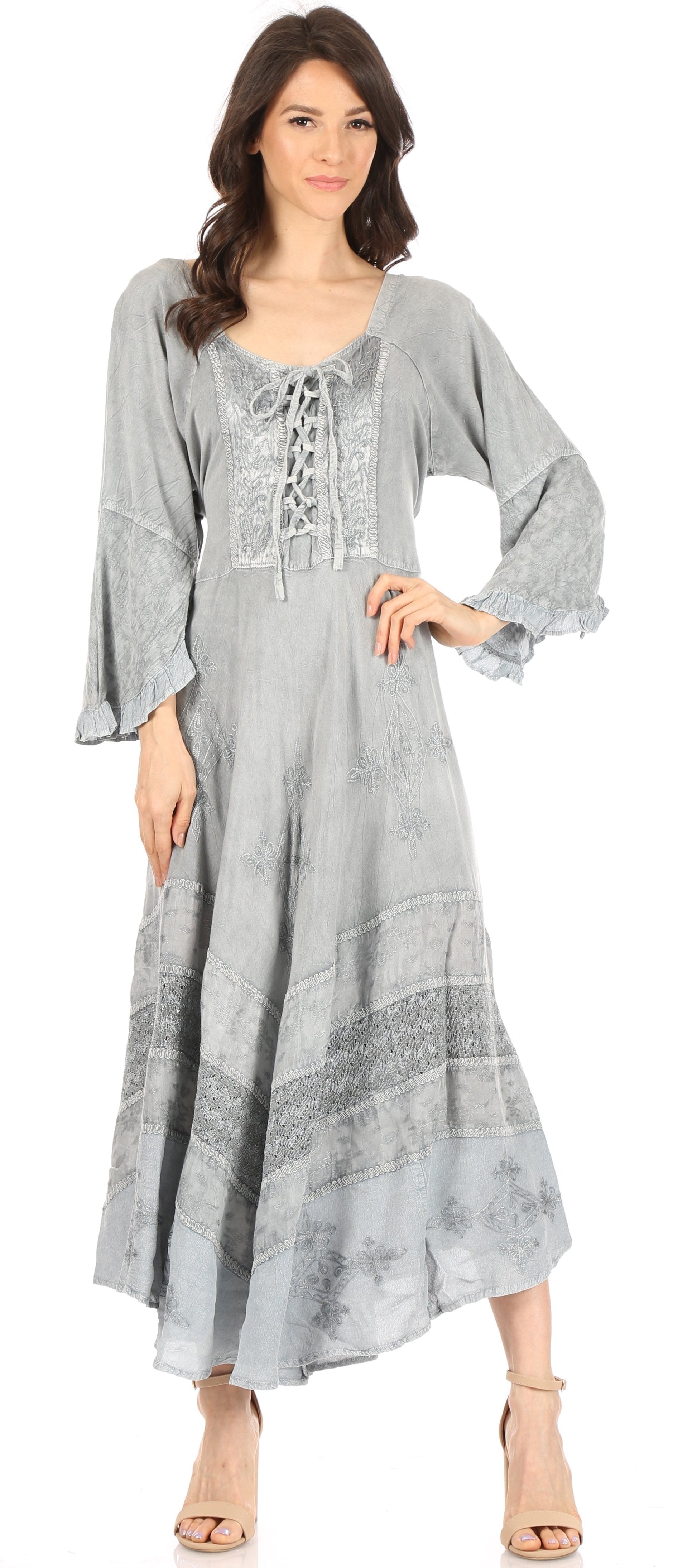 Sakkas Mirabel Stonewashed Corset Style Floral Emboridery Kimono Sleeve Dress - Concordia Style Boutique