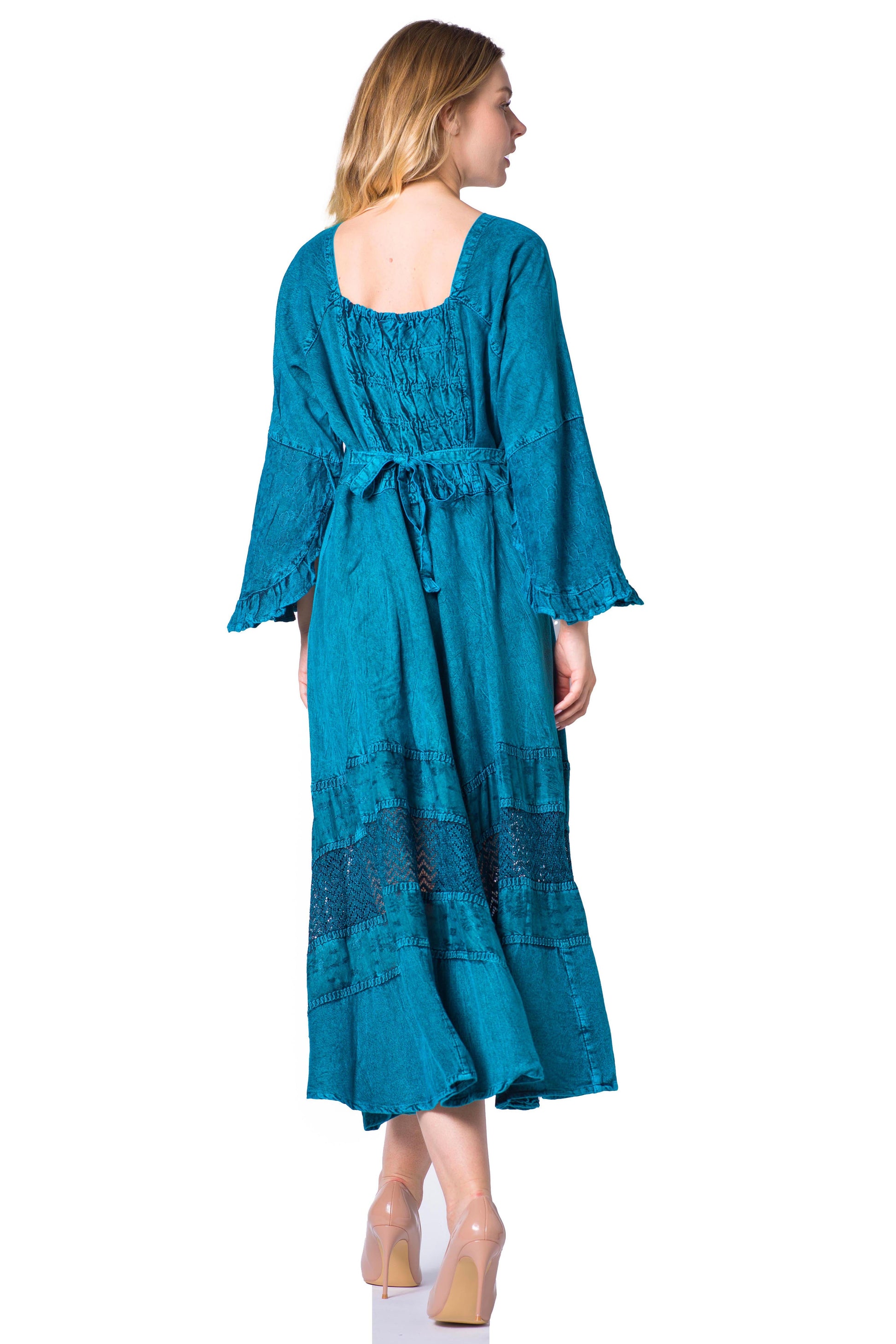 Sakkas Mirabel Stonewashed Corset Style Floral Emboridery Kimono Sleeve Dress - Concordia Style Boutique