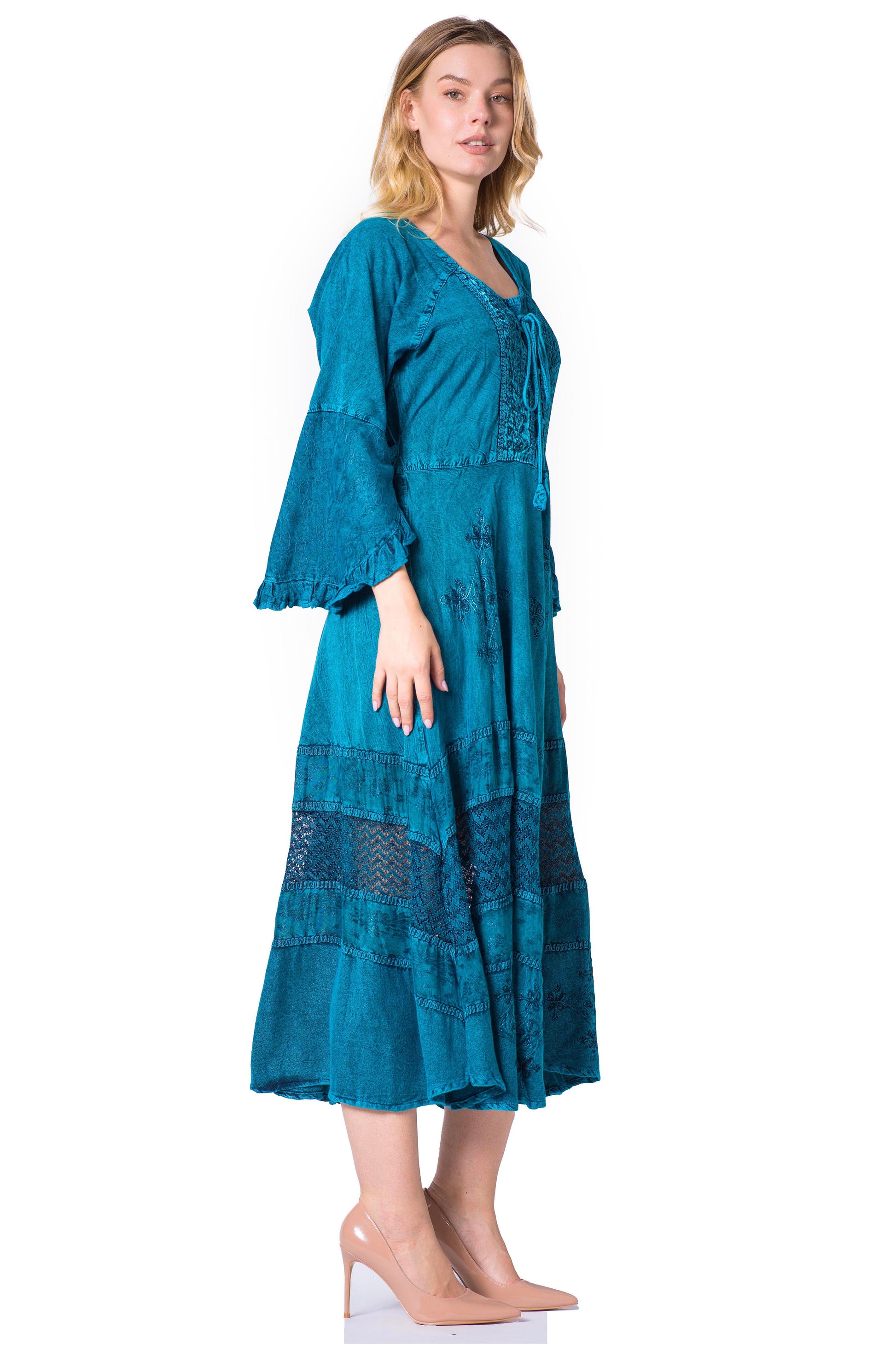 Sakkas Mirabel Stonewashed Corset Style Floral Emboridery Kimono Sleeve Dress - Concordia Style Boutique