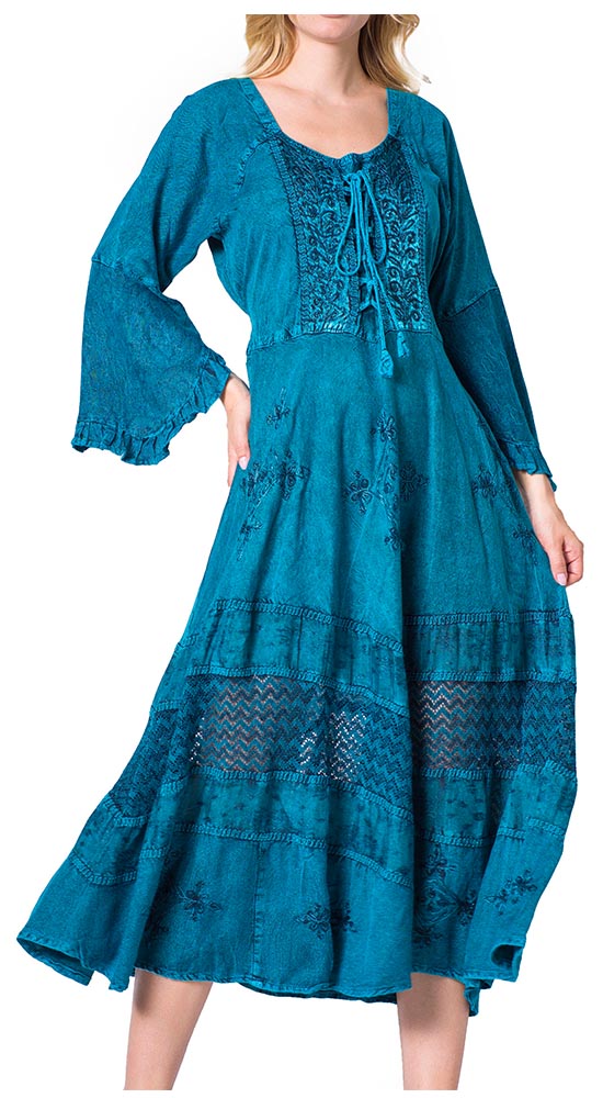 Sakkas Mirabel Stonewashed Corset Style Floral Emboridery Kimono Sleeve Dress - Concordia Style Boutique
