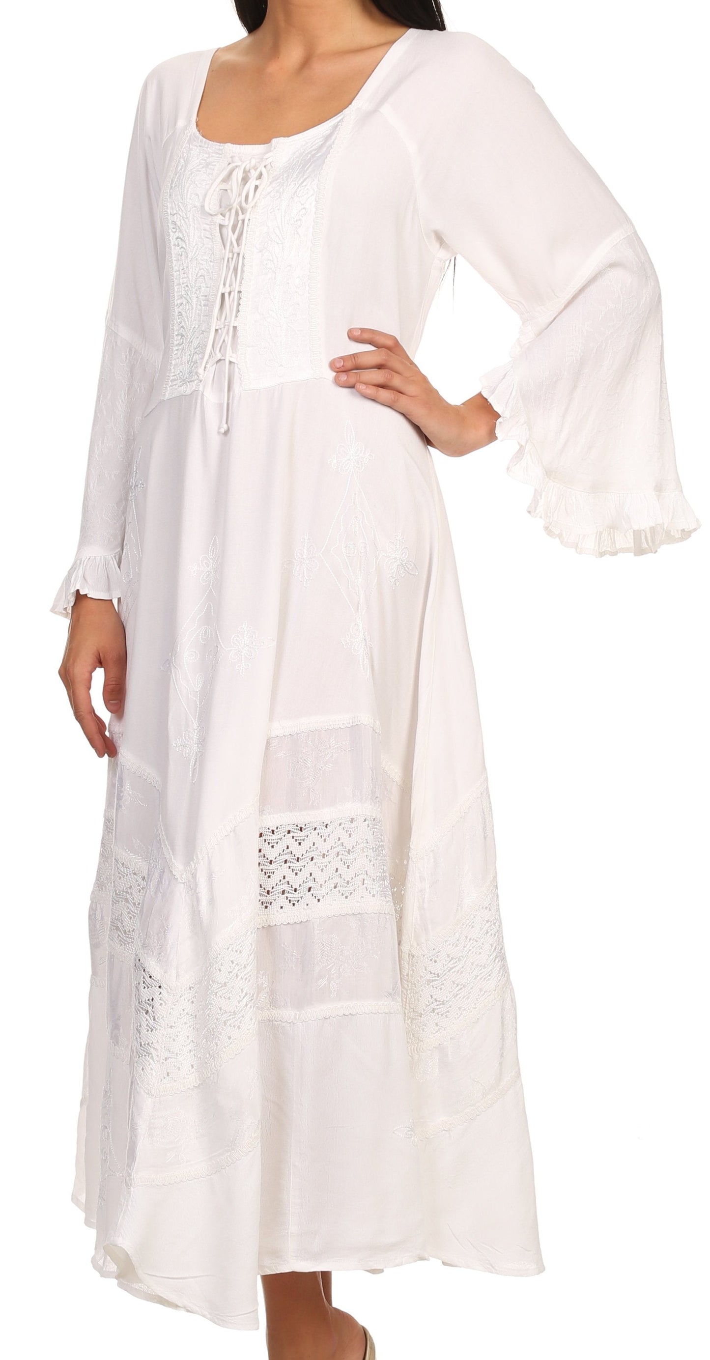Sakkas Mirabel Stonewashed Corset Style Floral Emboridery Kimono Sleeve Dress - Concordia Style Boutique