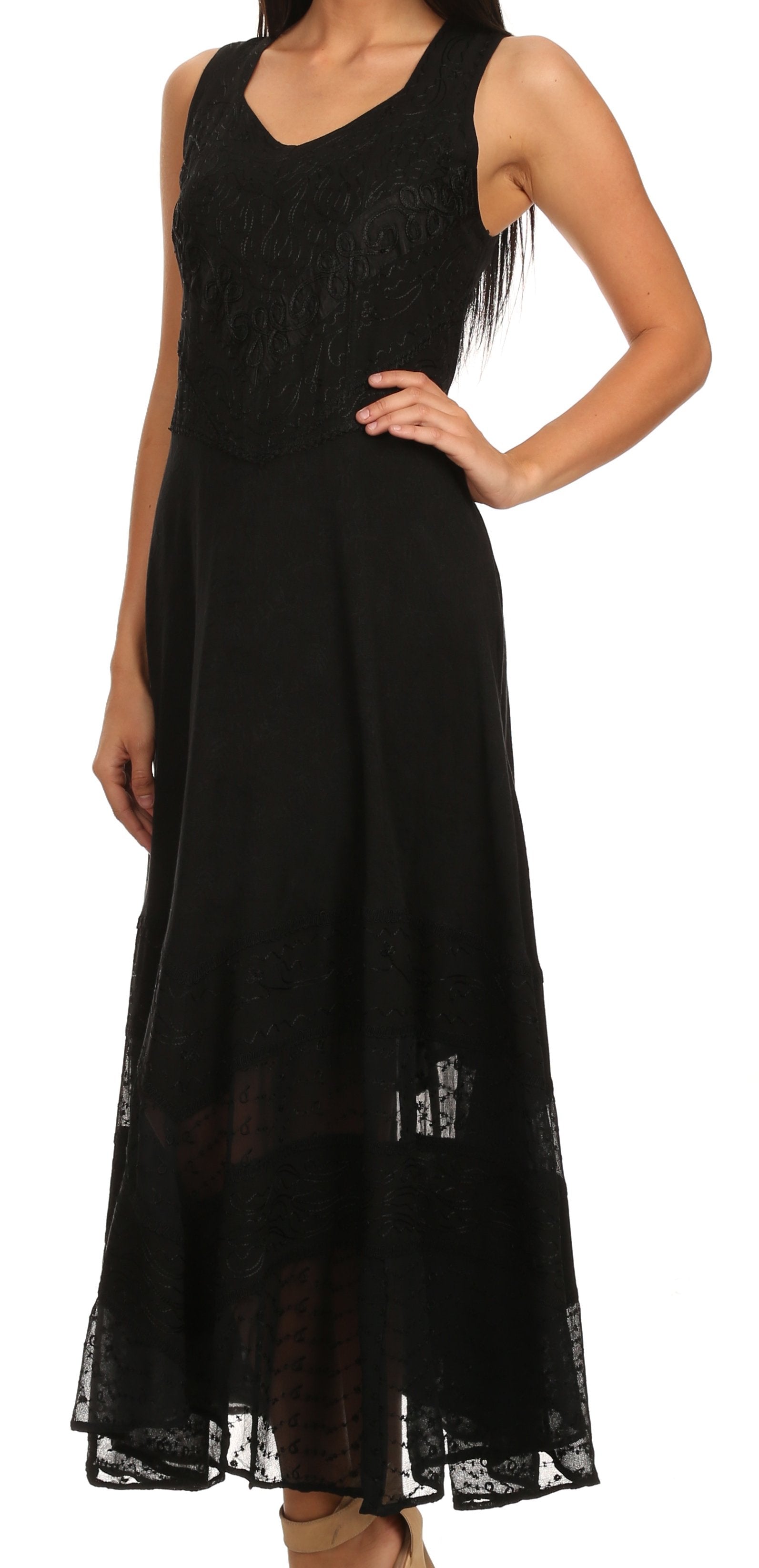 Sakkas Zendaya Stonewashed Rayon Embroidered Floral Vine Sleeveless V-neck Dress - Concordia Style Boutique