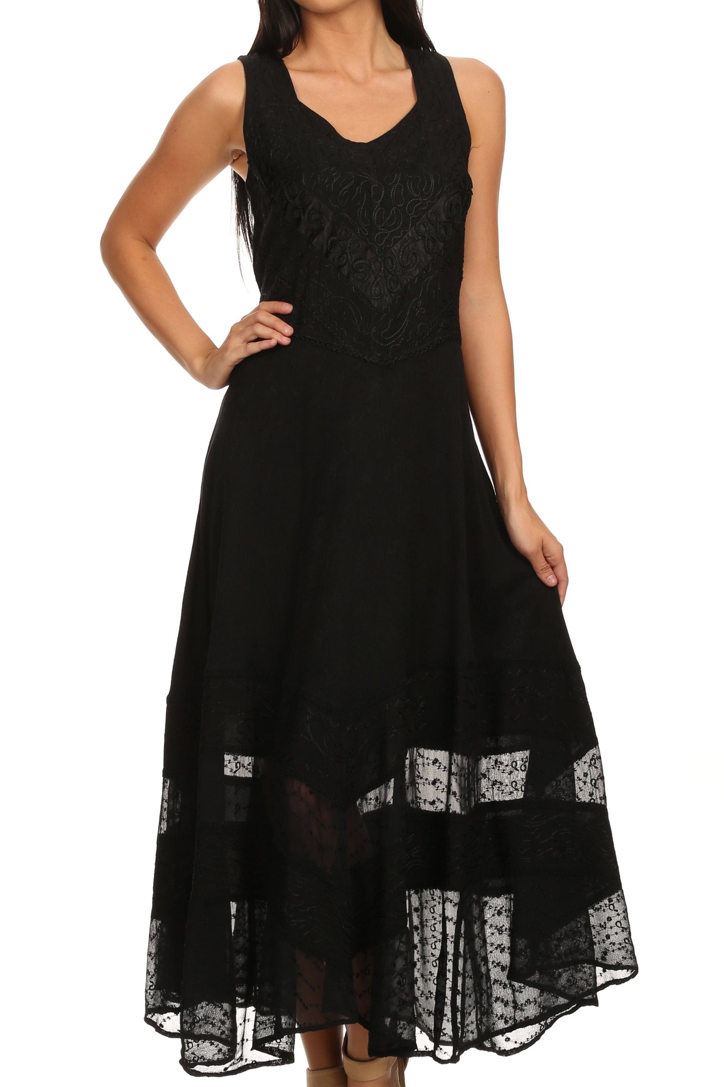 Sakkas Zendaya Stonewashed Rayon Embroidered Floral Vine Sleeveless V-neck Dress - Concordia Style Boutique
