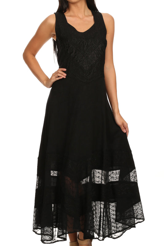 Sakkas Zendaya Stonewashed Rayon Embroidered Floral Vine Sleeveless V-neck Dress - Concordia Style Boutique