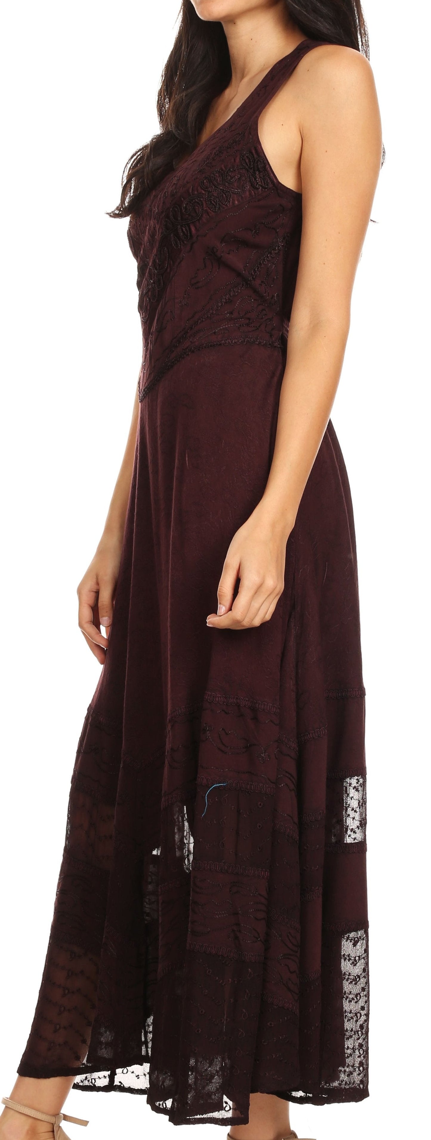 Sakkas Zendaya Stonewashed Rayon Embroidered Floral Vine Sleeveless V-neck Dress - Concordia Style Boutique
