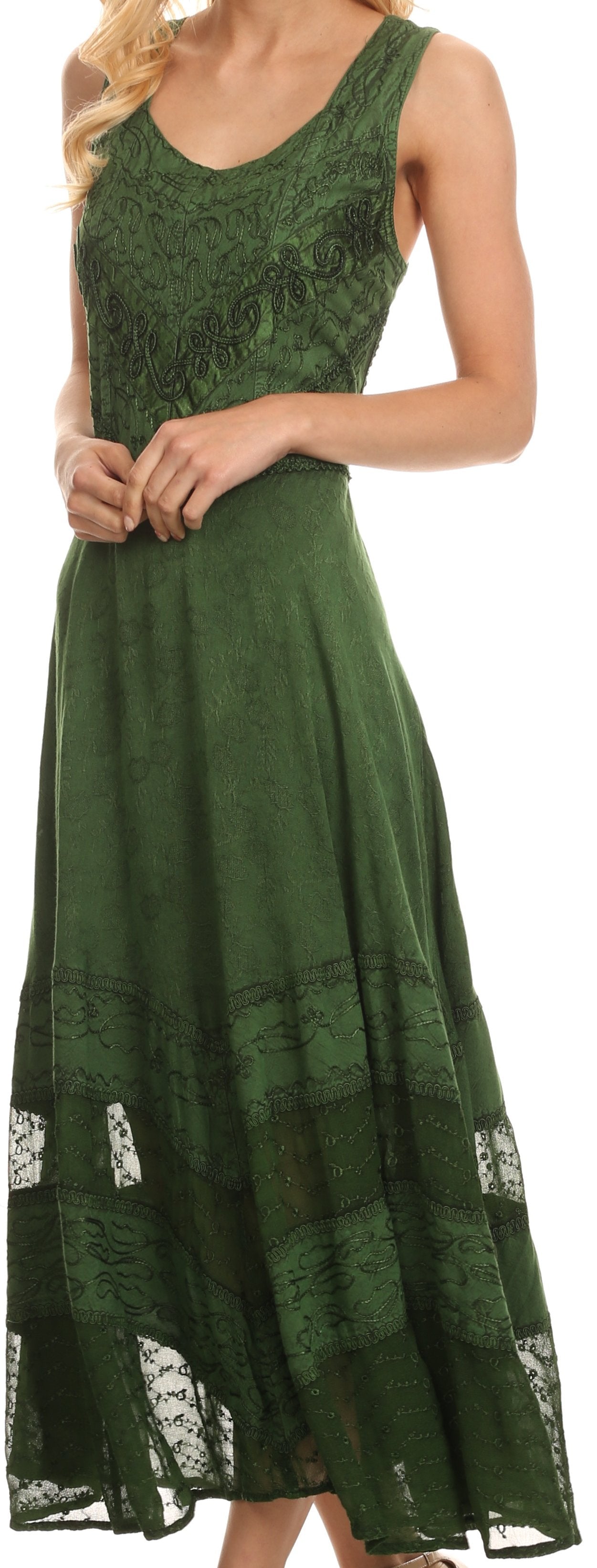 Sakkas Zendaya Stonewashed Rayon Embroidered Floral Vine Sleeveless V-neck Dress - Concordia Style Boutique