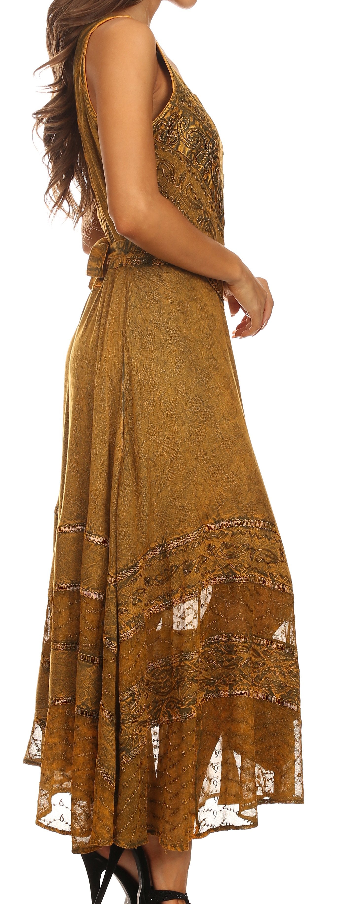 Sakkas Zendaya Stonewashed Rayon Embroidered Floral Vine Sleeveless V-neck Dress - Concordia Style Boutique