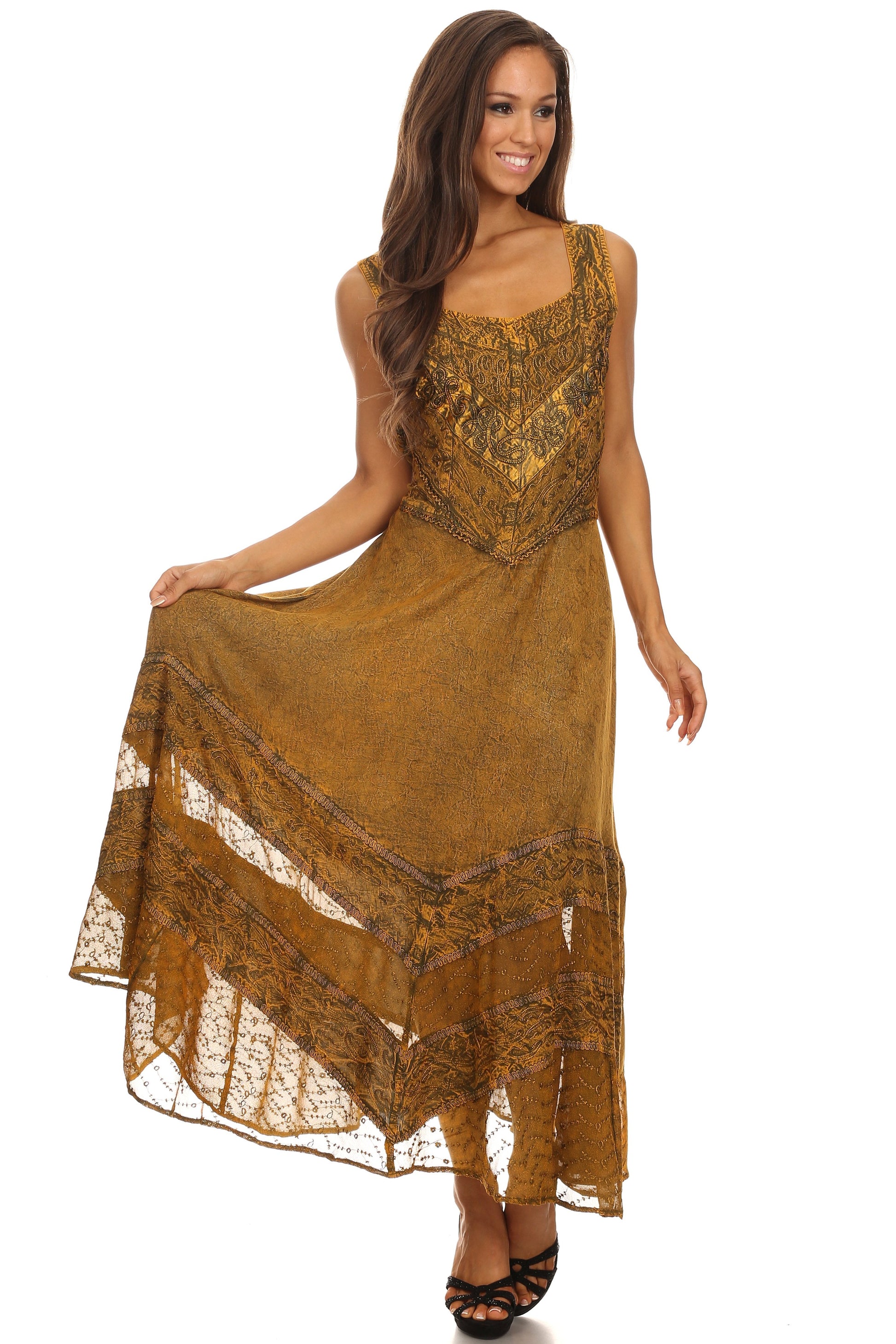 Sakkas Zendaya Stonewashed Rayon Embroidered Floral Vine Sleeveless V-neck Dress - Concordia Style Boutique