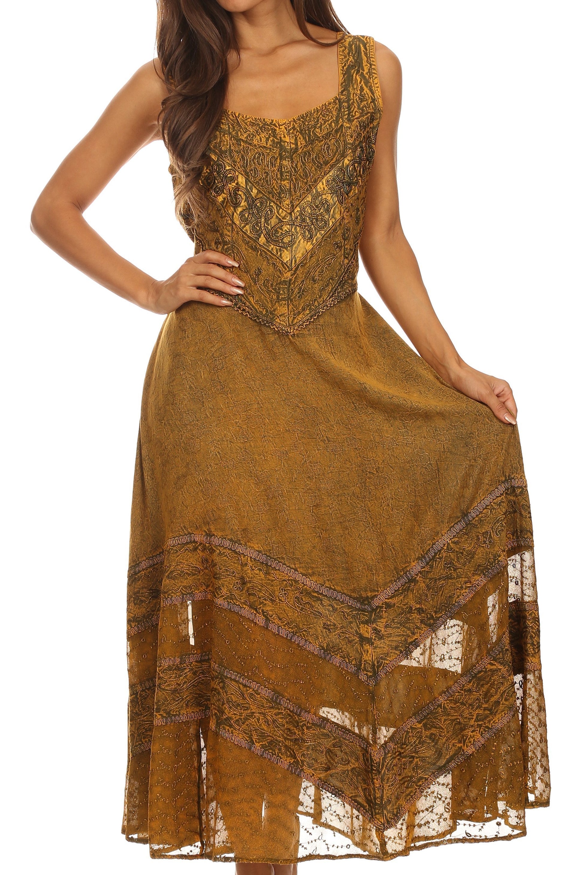 Sakkas Zendaya Stonewashed Rayon Embroidered Floral Vine Sleeveless V-neck Dress - Concordia Style Boutique