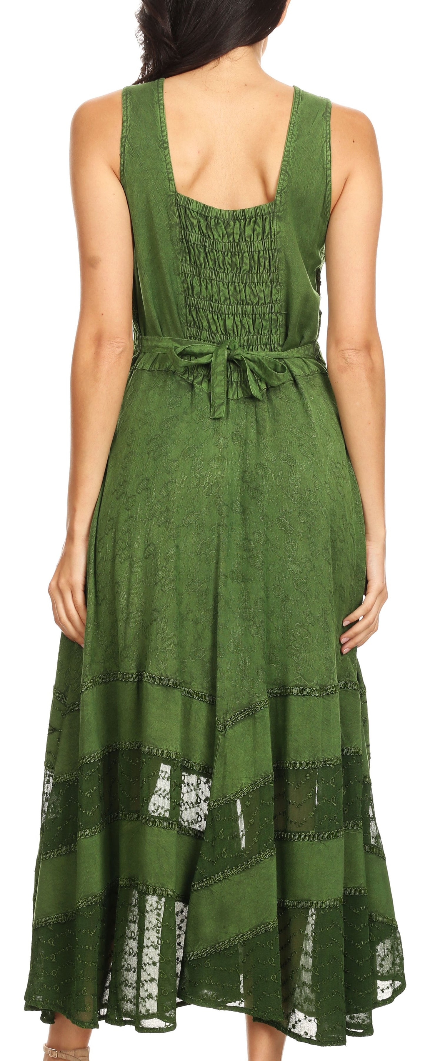 Sakkas Zendaya Stonewashed Rayon Embroidered Floral Vine Sleeveless V-neck Dress - Concordia Style Boutique