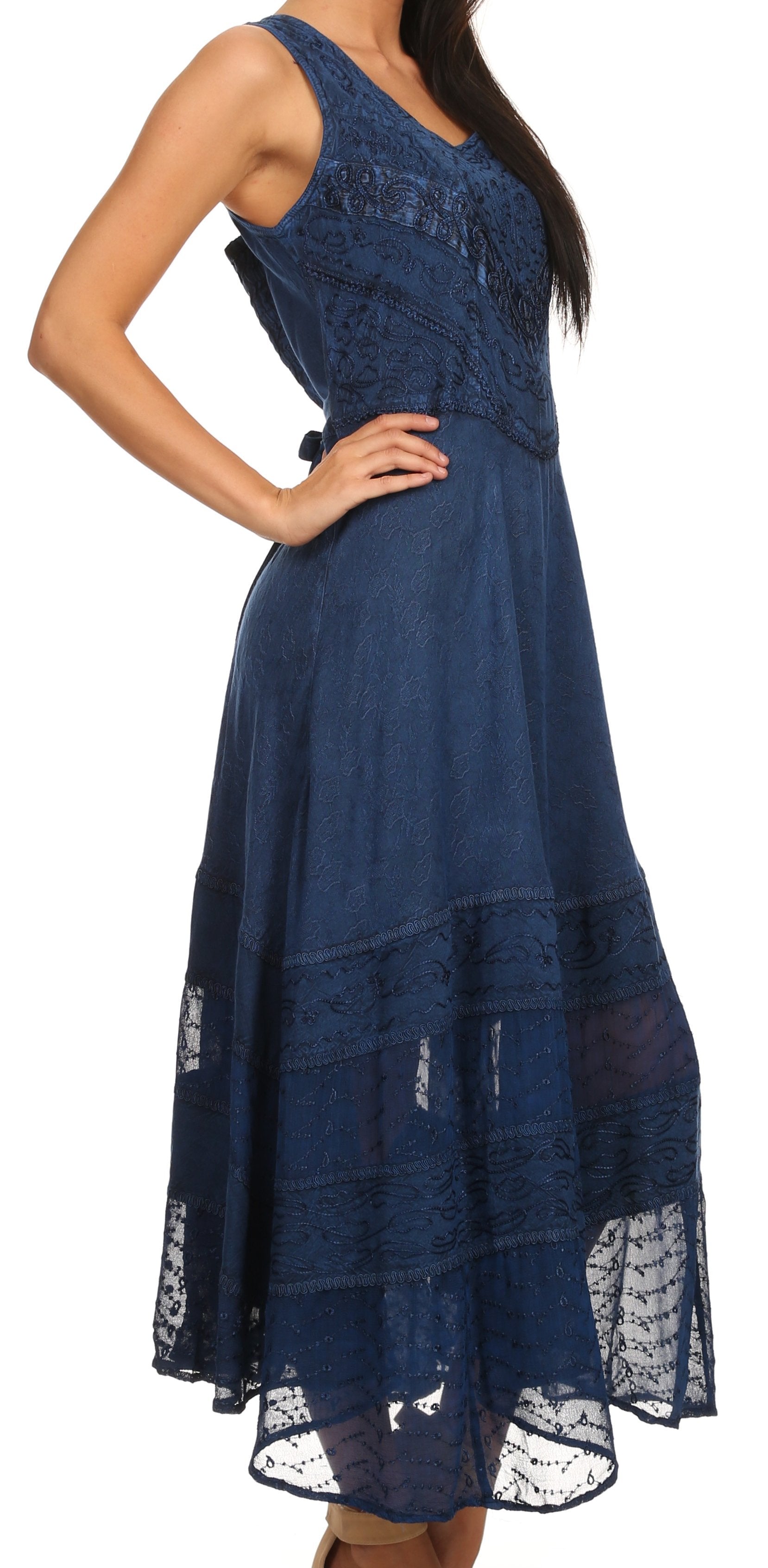 Sakkas Zendaya Stonewashed Rayon Embroidered Floral Vine Sleeveless V-neck Dress - Concordia Style Boutique