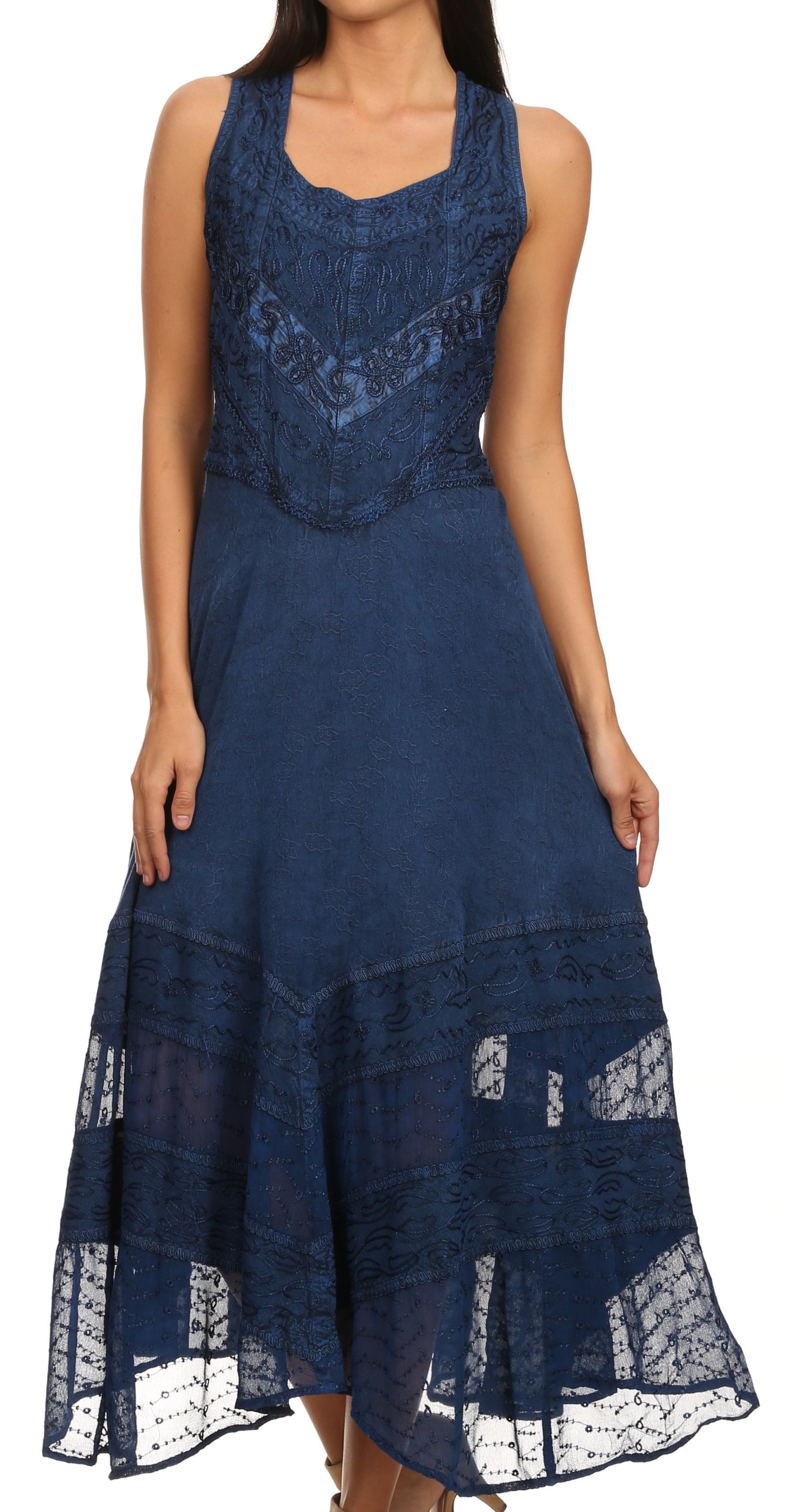 Sakkas Zendaya Stonewashed Rayon Embroidered Floral Vine Sleeveless V-neck Dress - Concordia Style Boutique