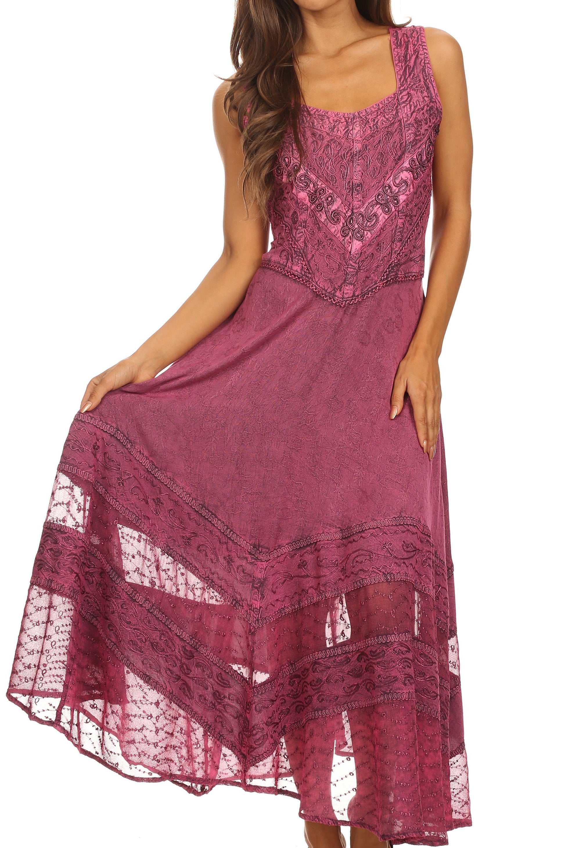 Sakkas Zendaya Stonewashed Rayon Embroidered Floral Vine Sleeveless V-neck Dress - Concordia Style Boutique
