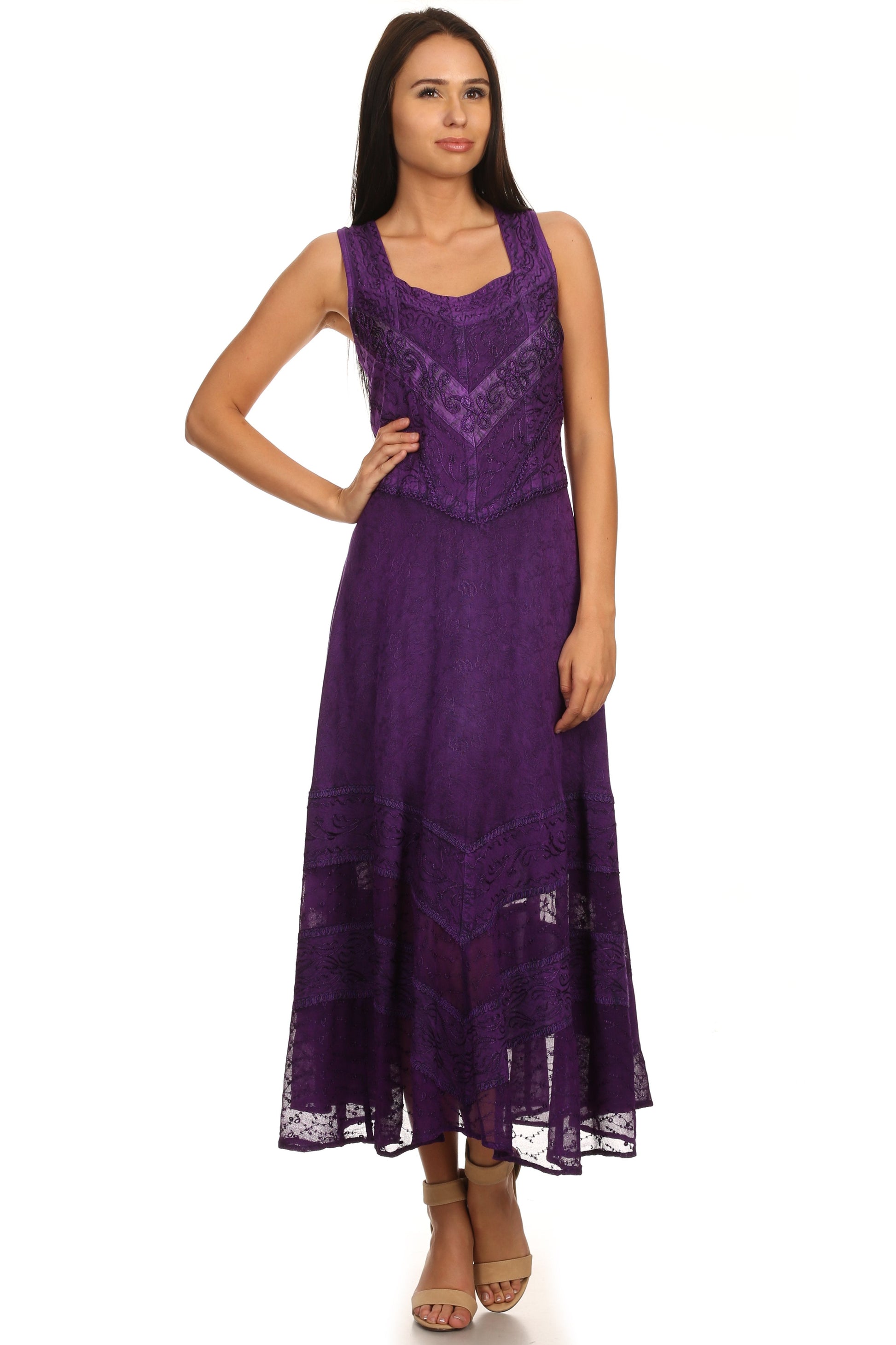 Sakkas Zendaya Stonewashed Rayon Embroidered Floral Vine Sleeveless V-neck Dress - Concordia Style Boutique