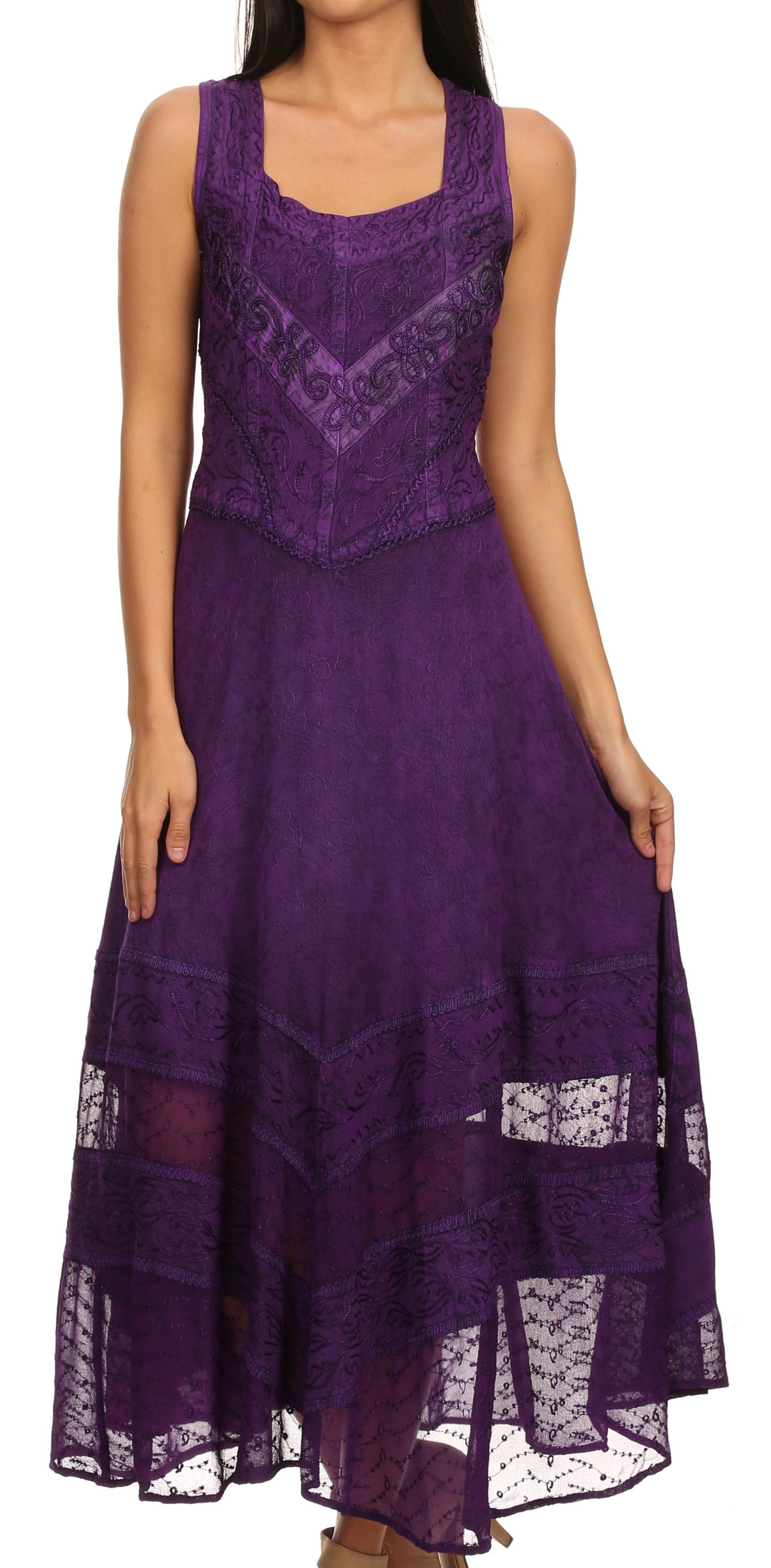 Sakkas Zendaya Stonewashed Rayon Embroidered Floral Vine Sleeveless V-neck Dress - Concordia Style Boutique