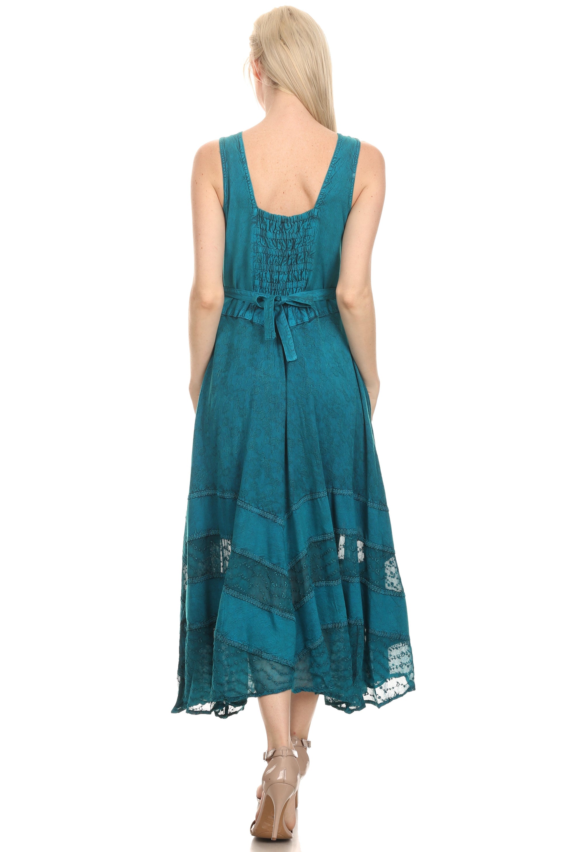 Sakkas Zendaya Stonewashed Rayon Embroidered Floral Vine Sleeveless V-neck Dress - Concordia Style Boutique