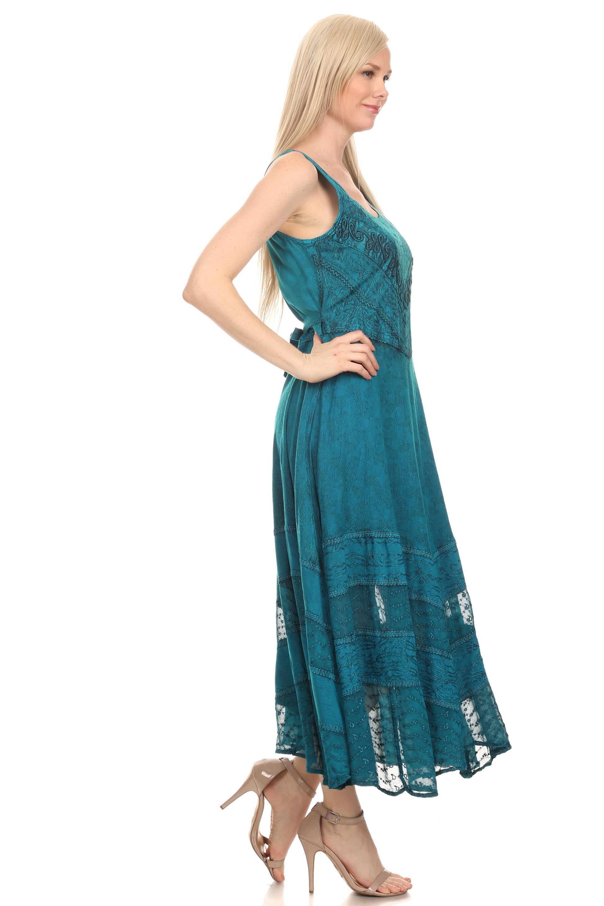 Sakkas Zendaya Stonewashed Rayon Embroidered Floral Vine Sleeveless V-neck Dress - Concordia Style Boutique