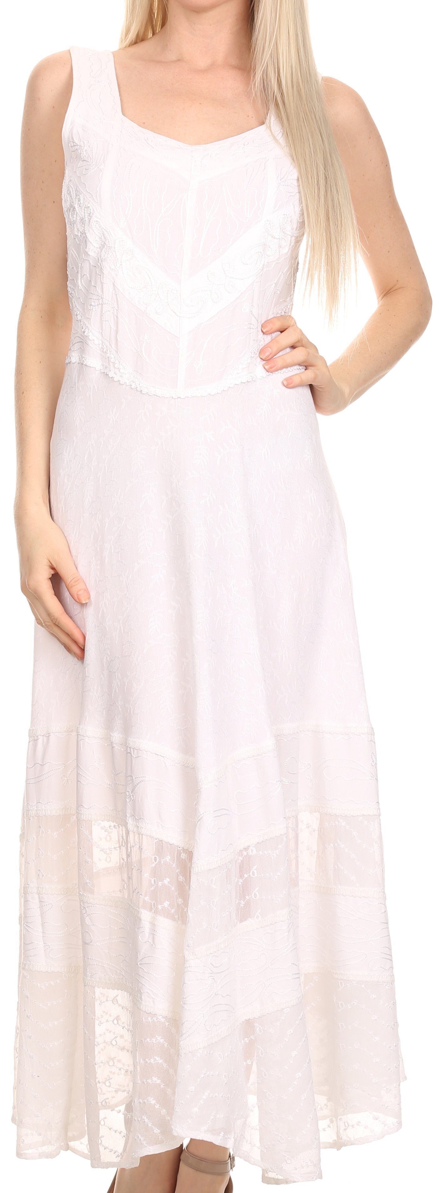 Sakkas Zendaya Stonewashed Rayon Embroidered Floral Vine Sleeveless V-neck Dress - Concordia Style Boutique