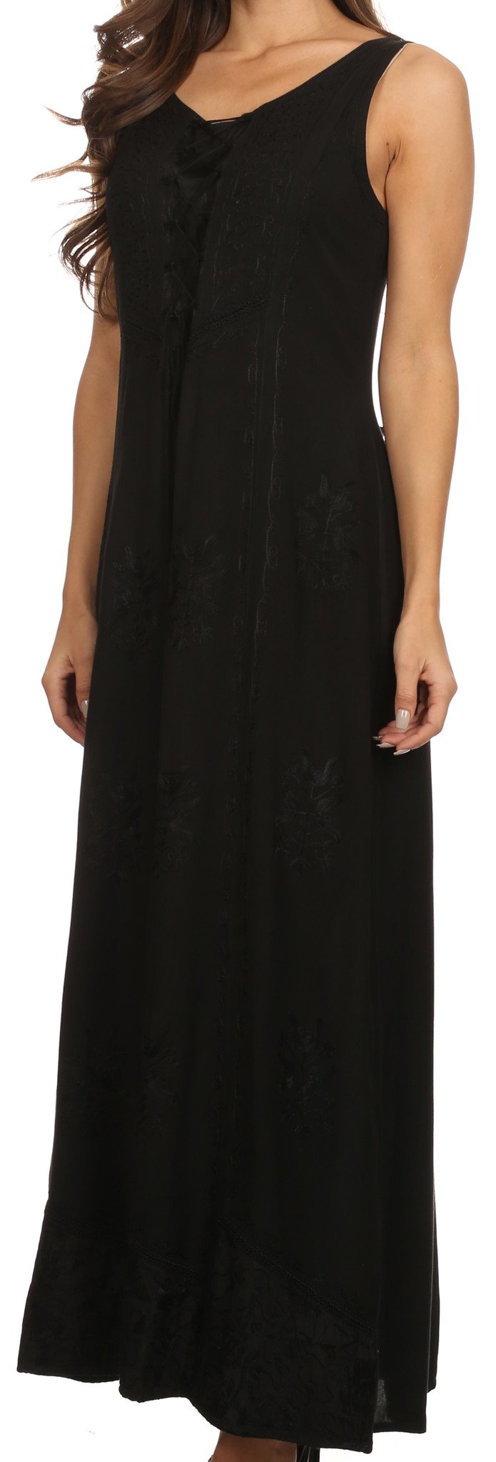Sakkas Stella Long Tank Top Adjustable Caftan Corset Dress With Embroidery - Concordia Style Boutique