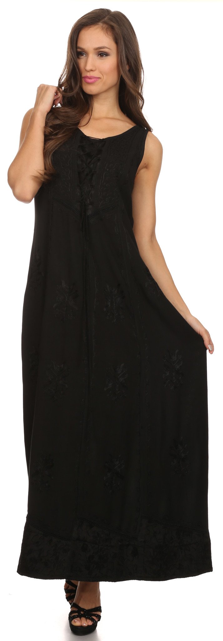 Sakkas Stella Long Tank Top Adjustable Caftan Corset Dress With Embroidery - Concordia Style Boutique