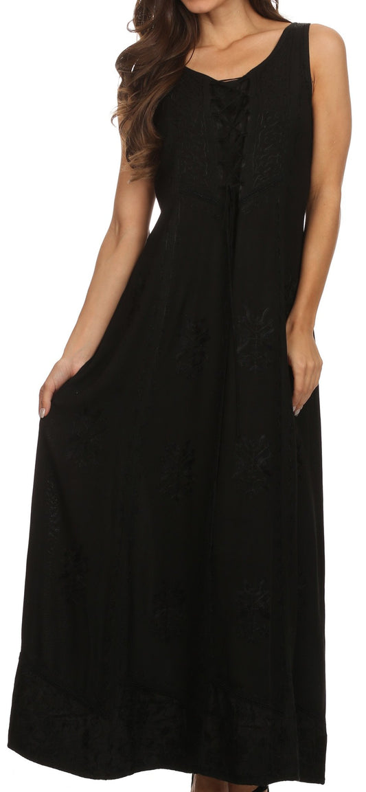 Sakkas Stella Long Tank Top Adjustable Caftan Corset Dress With Embroidery - Concordia Style Boutique