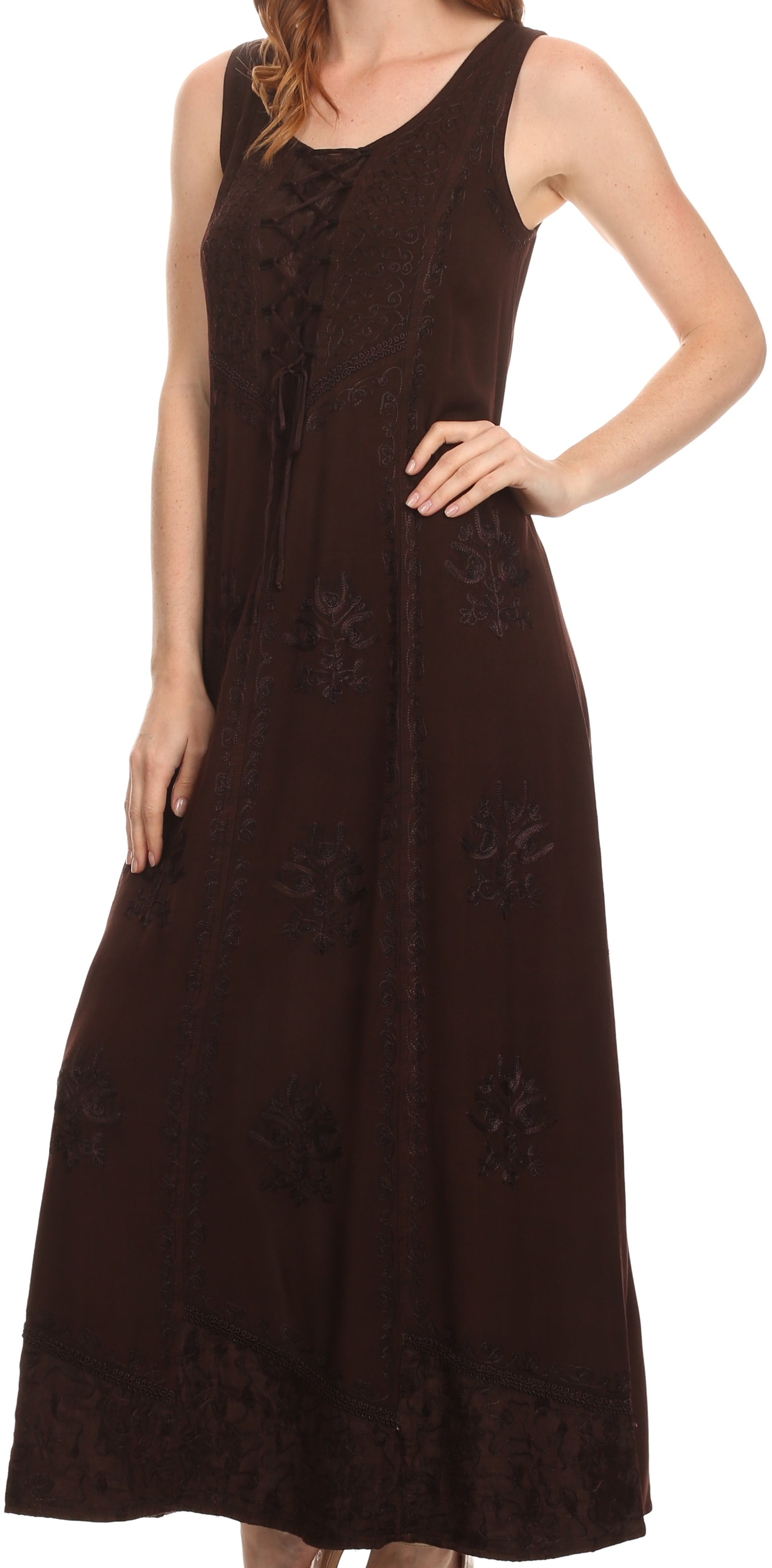 Sakkas Stella Long Tank Top Adjustable Caftan Corset Dress With Embroidery - Concordia Style Boutique