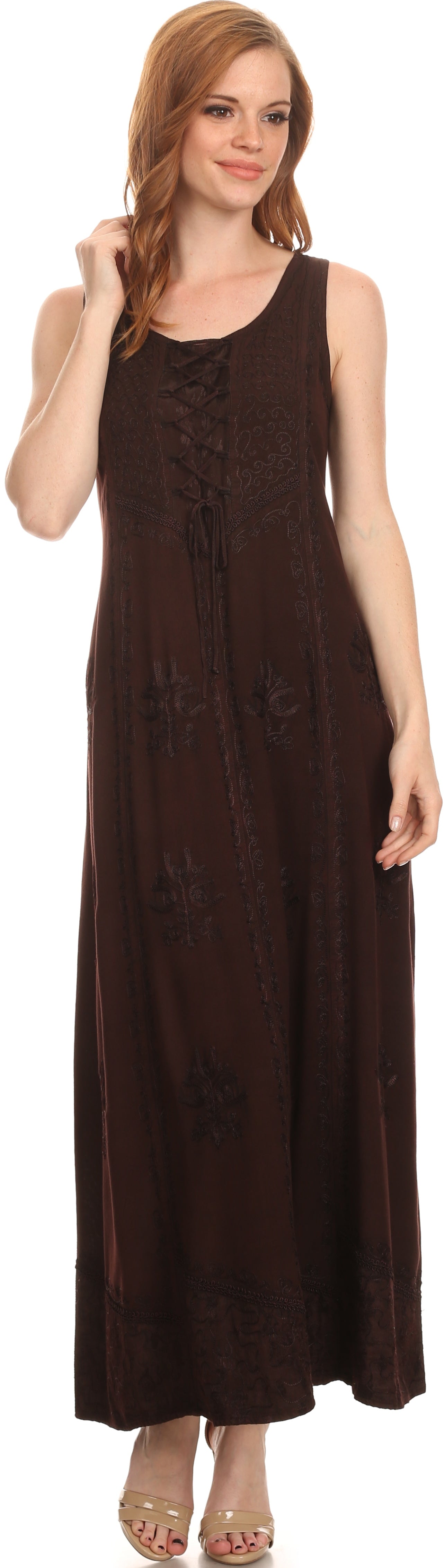 Sakkas Stella Long Tank Top Adjustable Caftan Corset Dress With Embroidery - Concordia Style Boutique