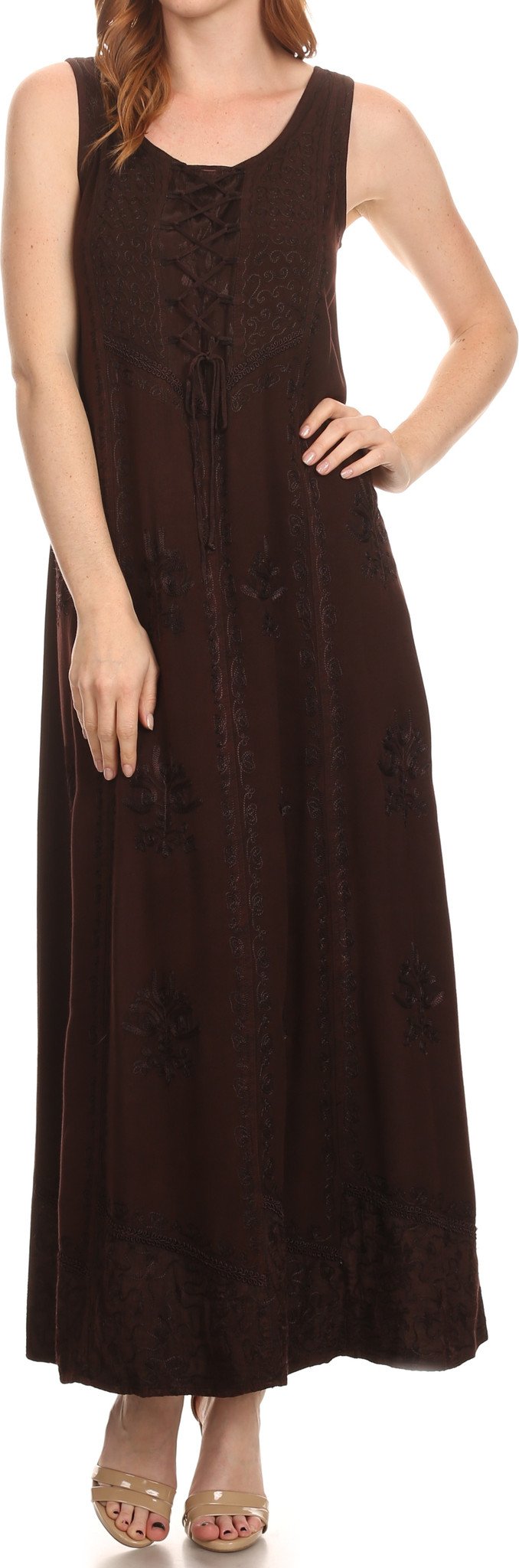 Sakkas Stella Long Tank Top Adjustable Caftan Corset Dress With Embroidery - Concordia Style Boutique
