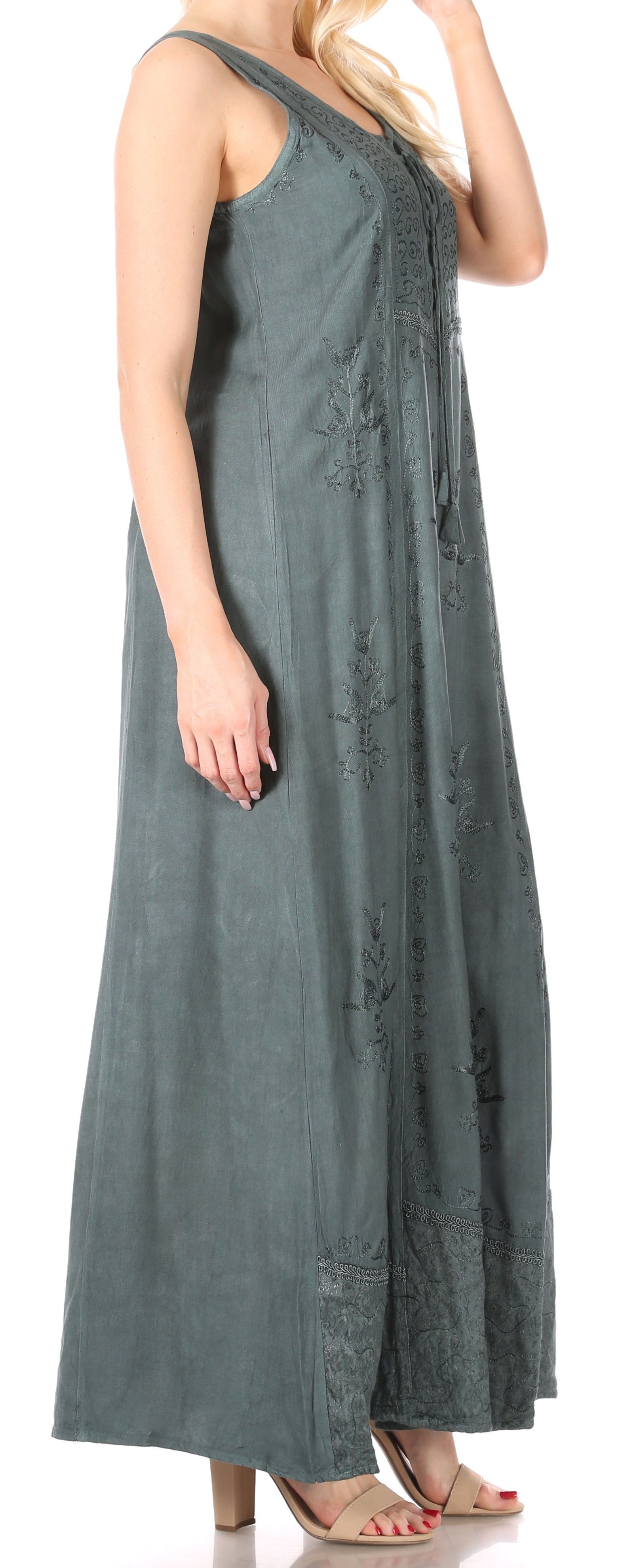 Sakkas Stella Long Tank Top Adjustable Caftan Corset Dress With Embroidery - Concordia Style Boutique