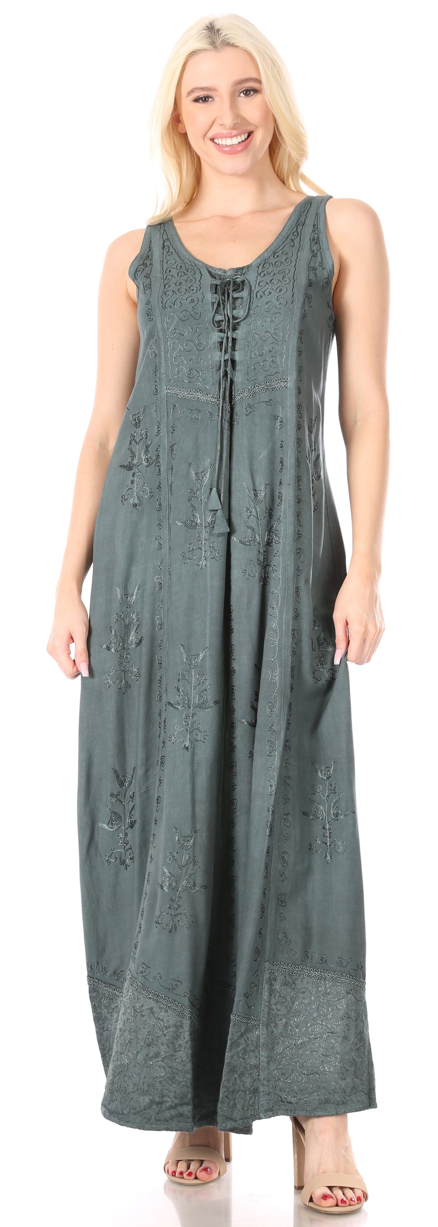 Sakkas Stella Long Tank Top Adjustable Caftan Corset Dress With Embroidery - Concordia Style Boutique