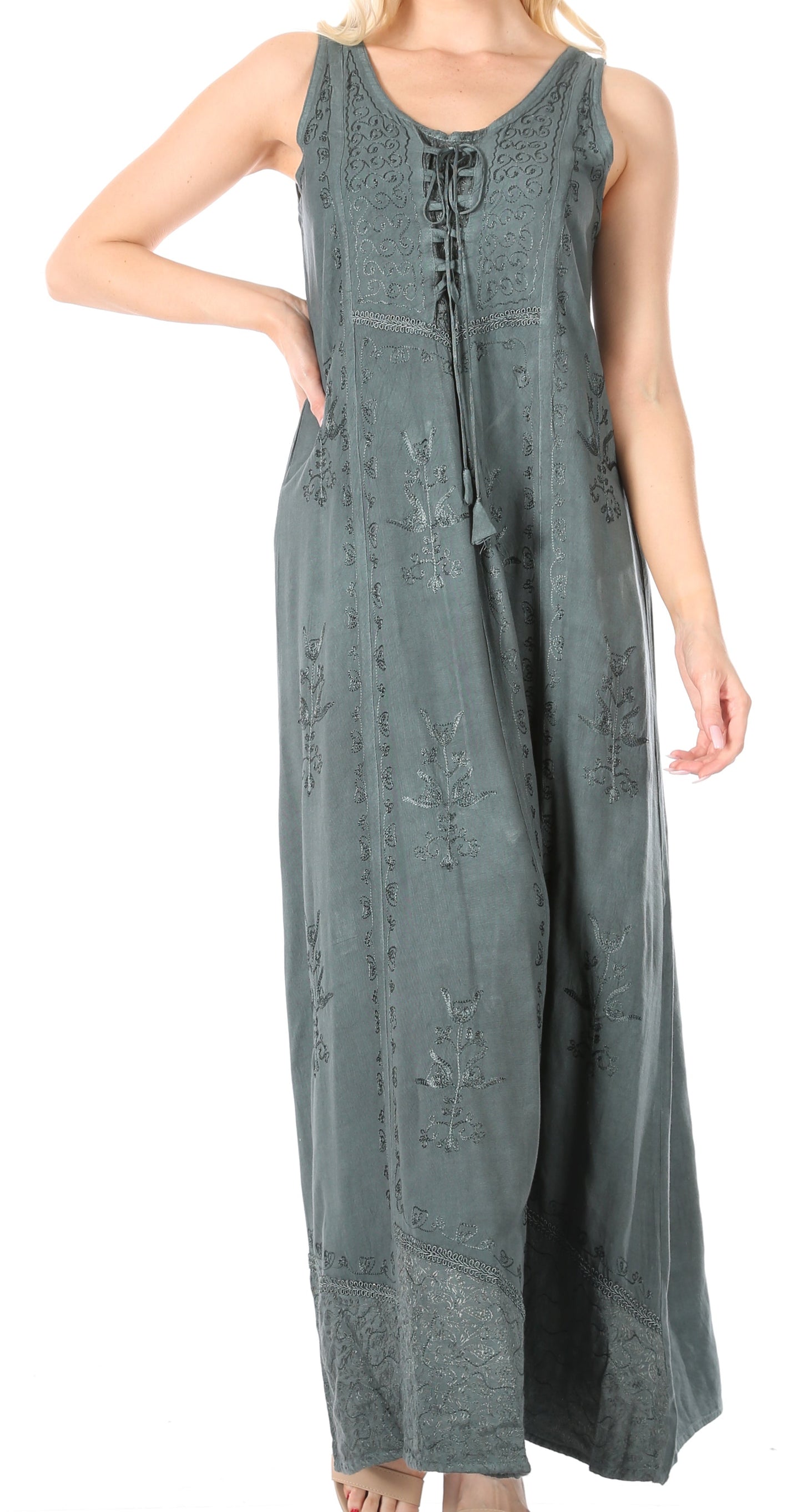 Sakkas Stella Long Tank Top Adjustable Caftan Corset Dress With Embroidery - Concordia Style Boutique