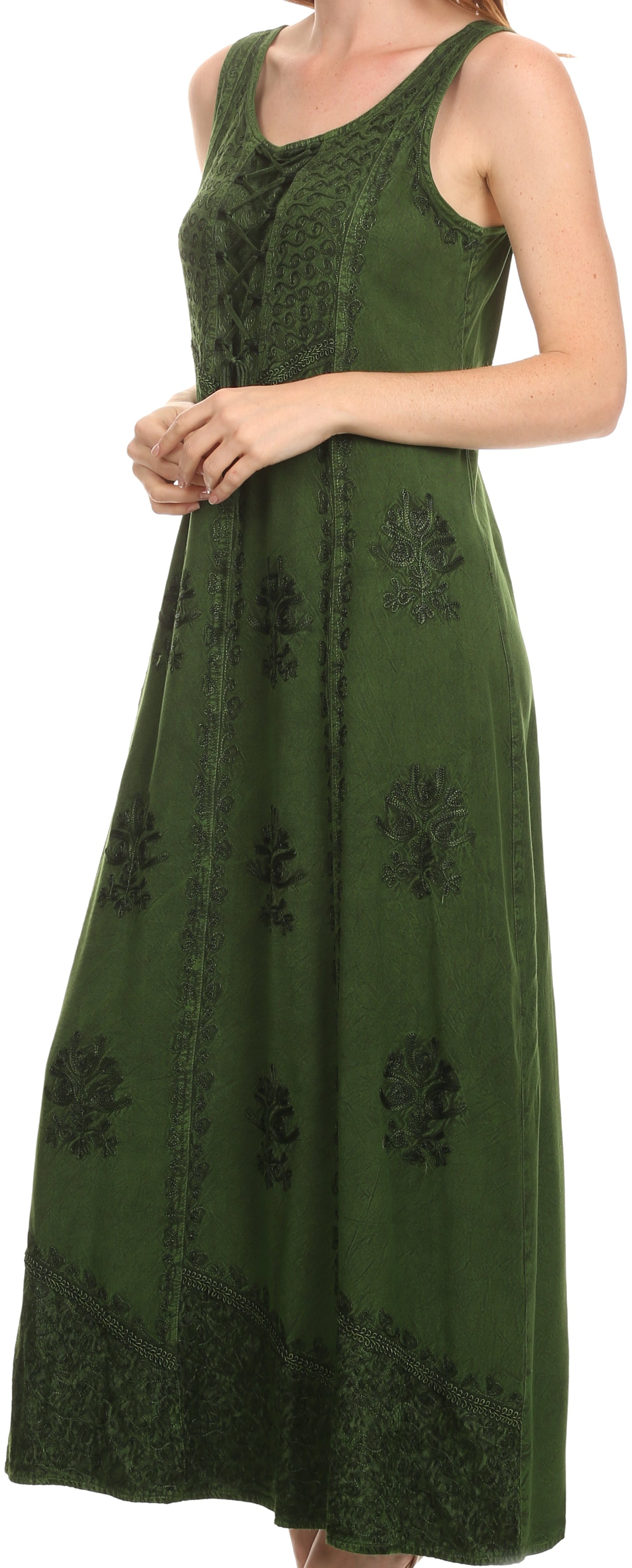 Sakkas Stella Long Tank Top Adjustable Caftan Corset Dress With Embroidery - Concordia Style Boutique