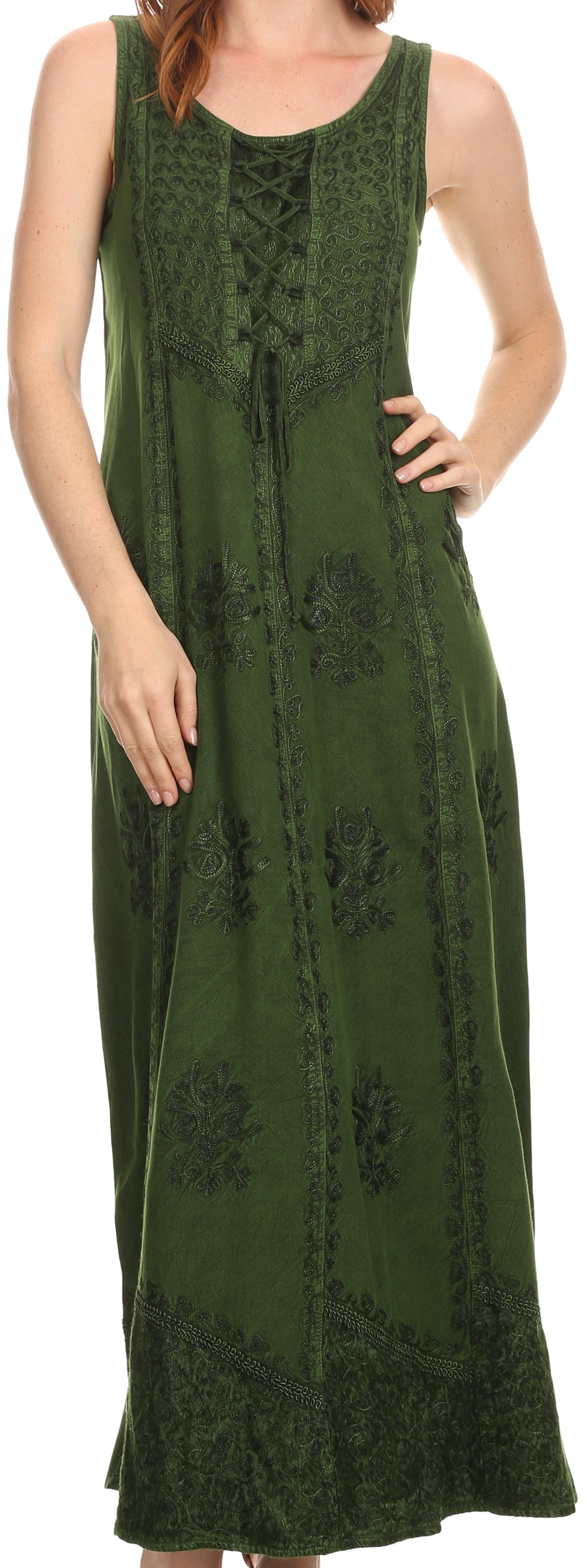 Sakkas Stella Long Tank Top Adjustable Caftan Corset Dress With Embroidery - Concordia Style Boutique