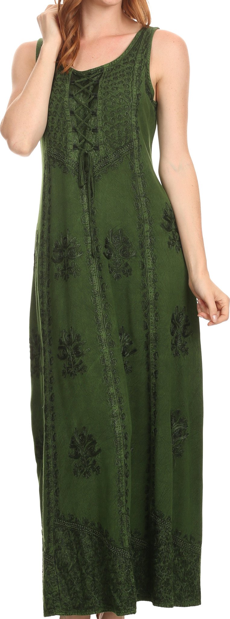 Sakkas Stella Long Tank Top Adjustable Caftan Corset Dress With Embroidery - Concordia Style Boutique