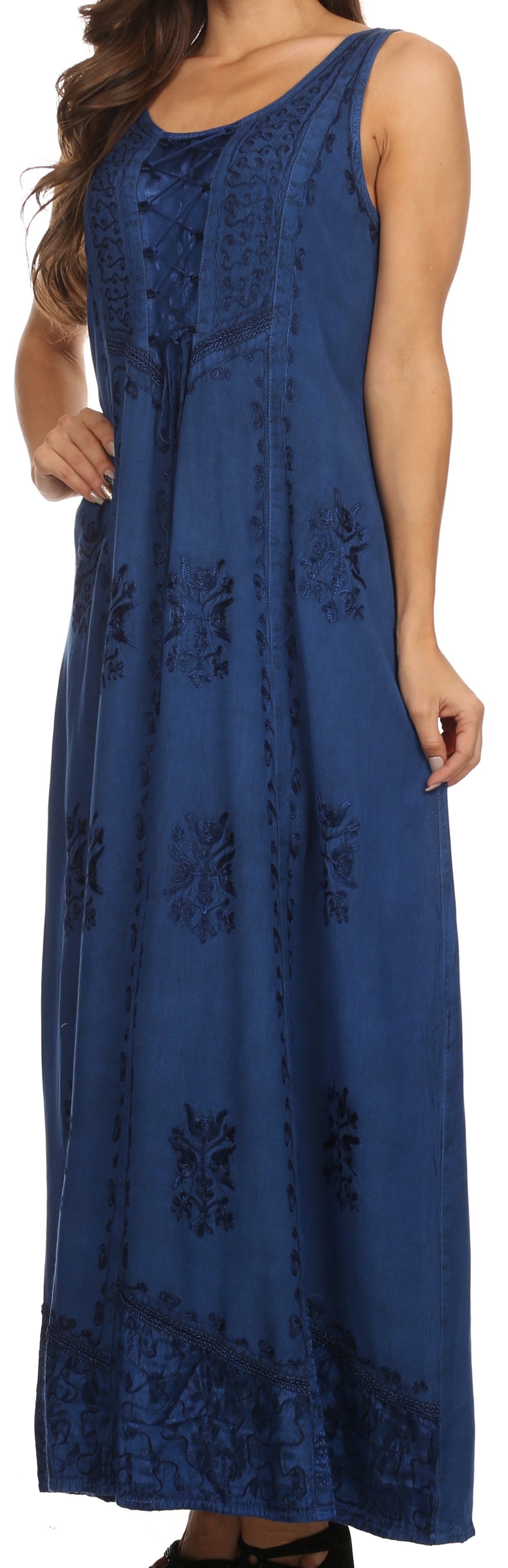 Sakkas Stella Long Tank Top Adjustable Caftan Corset Dress With Embroidery - Concordia Style Boutique