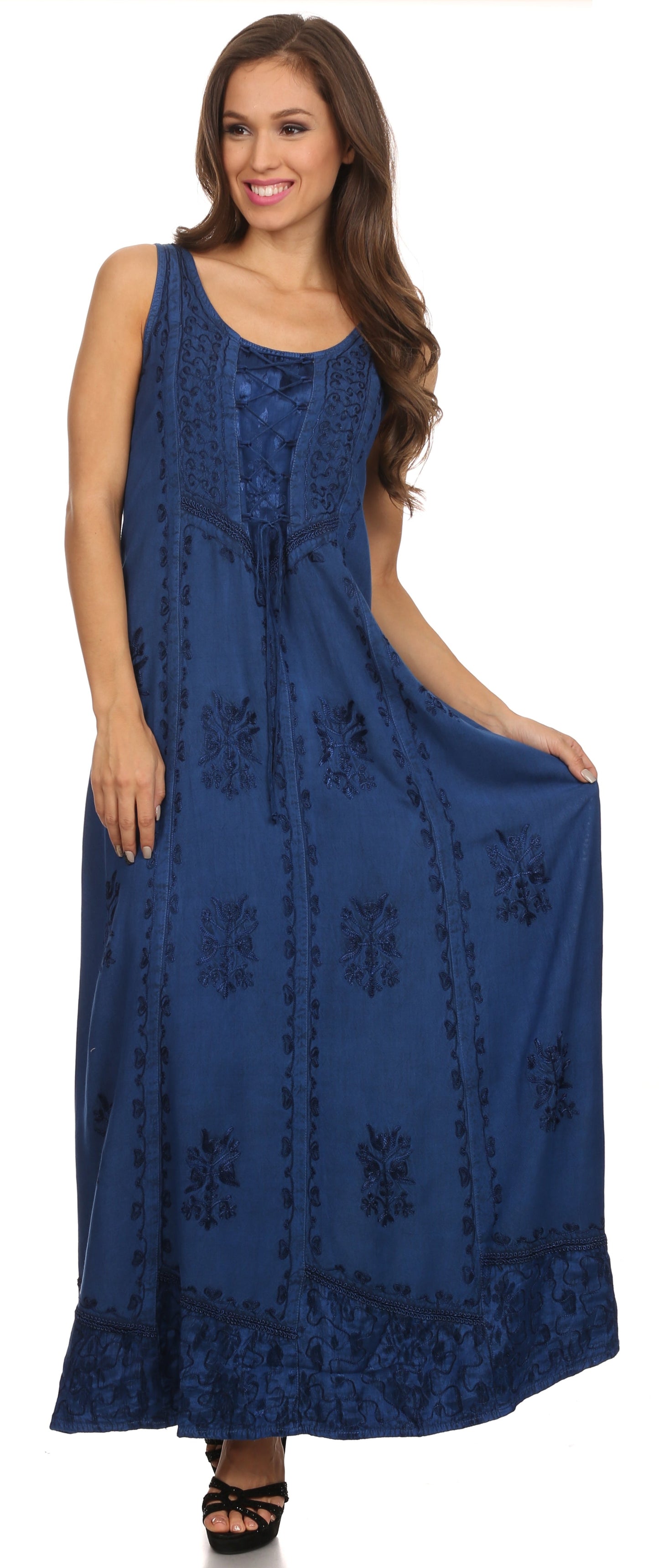 Sakkas Stella Long Tank Top Adjustable Caftan Corset Dress With Embroidery - Concordia Style Boutique
