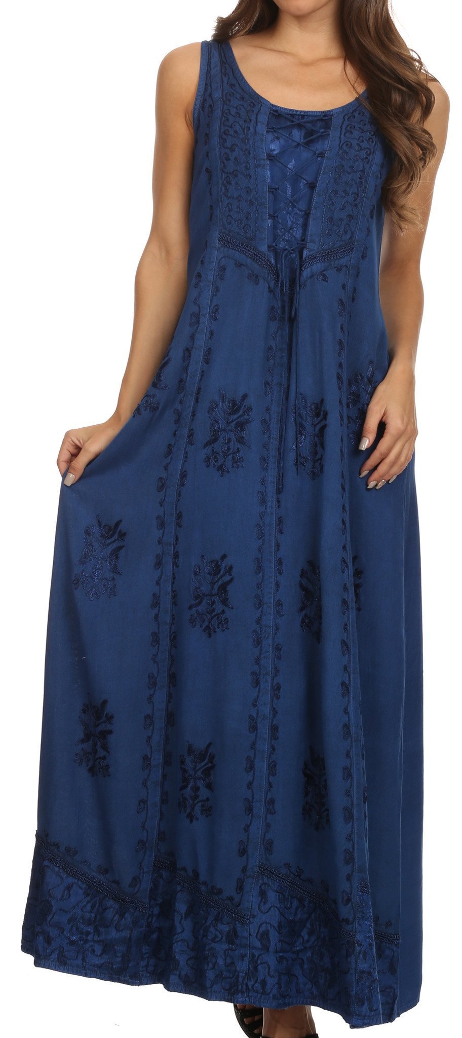 Sakkas Stella Long Tank Top Adjustable Caftan Corset Dress With Embroidery - Concordia Style Boutique