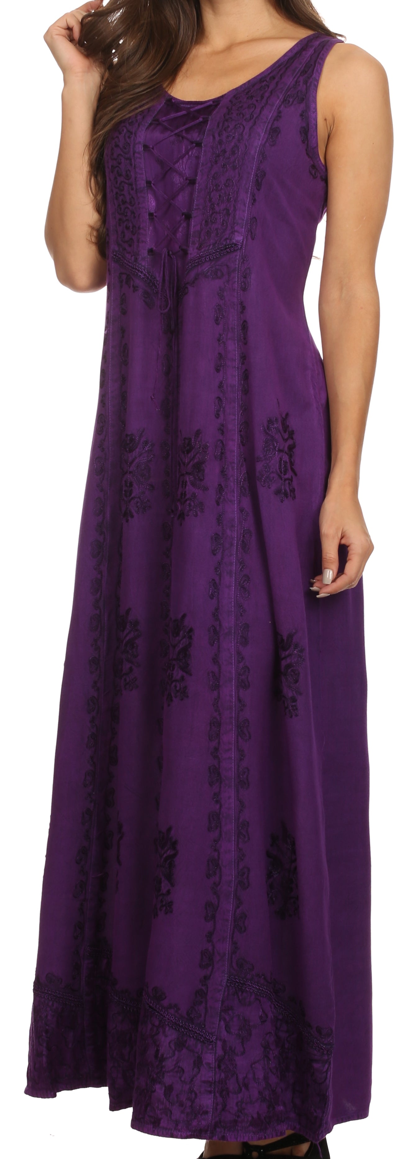 Sakkas Stella Long Tank Top Adjustable Caftan Corset Dress With Embroidery - Concordia Style Boutique