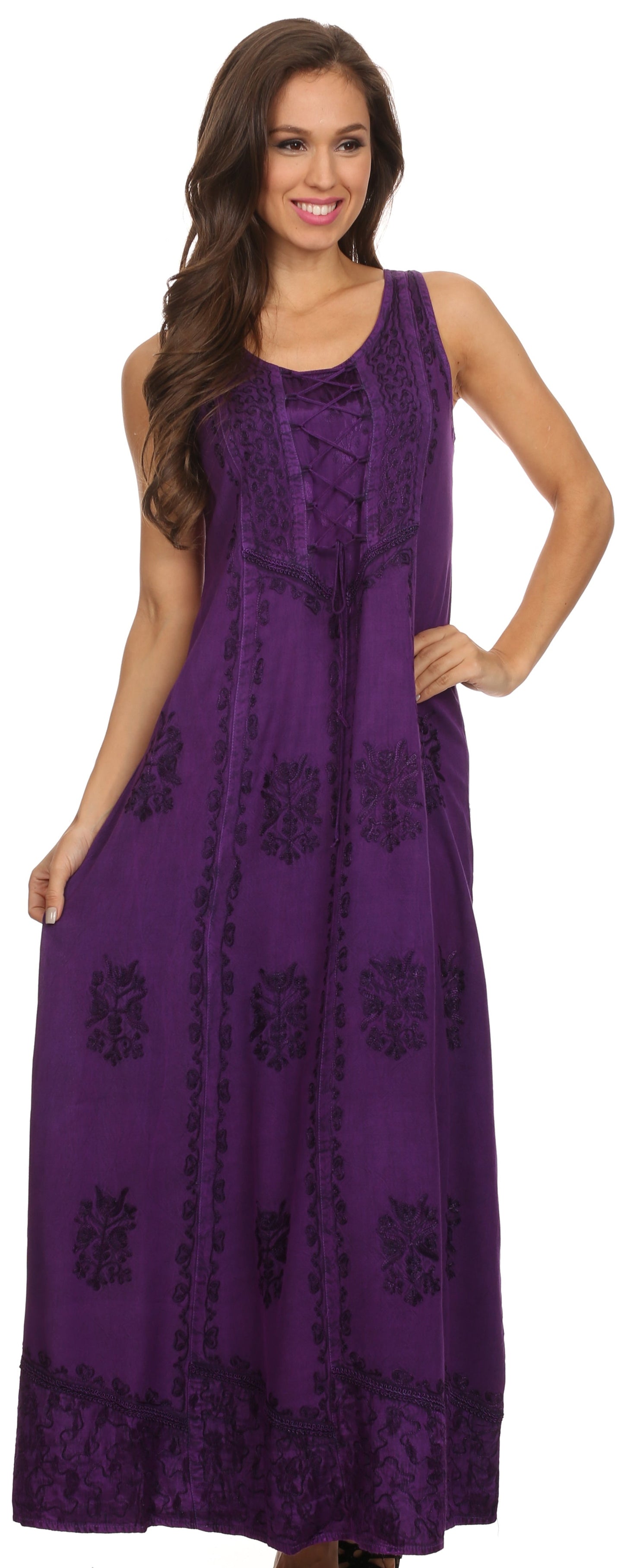 Sakkas Stella Long Tank Top Adjustable Caftan Corset Dress With Embroidery - Concordia Style Boutique