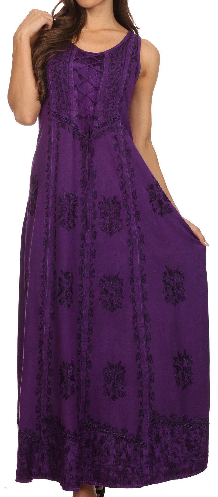 Sakkas Stella Long Tank Top Adjustable Caftan Corset Dress With Embroidery - Concordia Style Boutique