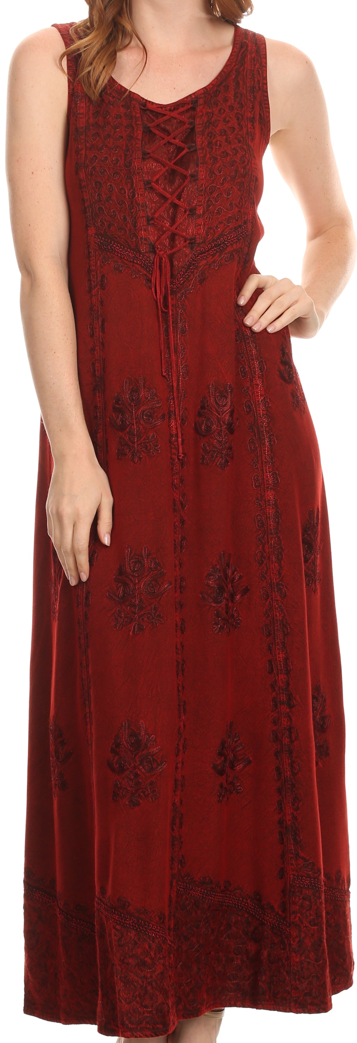 Sakkas Stella Long Tank Top Adjustable Caftan Corset Dress With Embroidery - Concordia Style Boutique