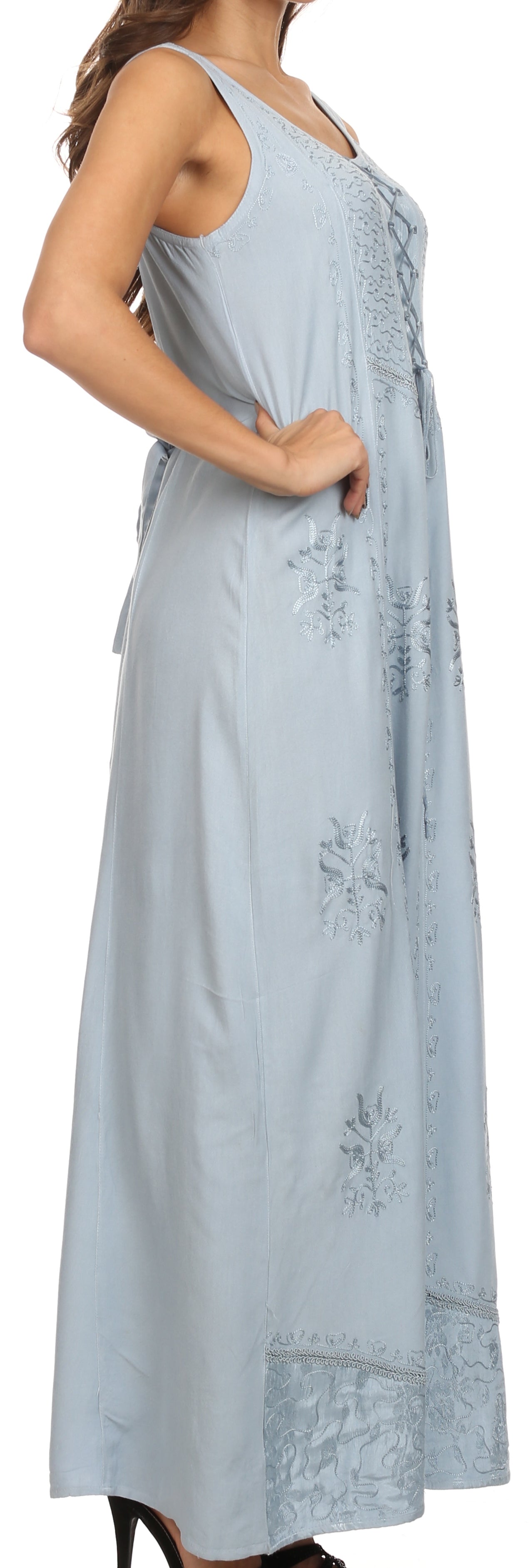 Sakkas Stella Long Tank Top Adjustable Caftan Corset Dress With Embroidery - Concordia Style Boutique